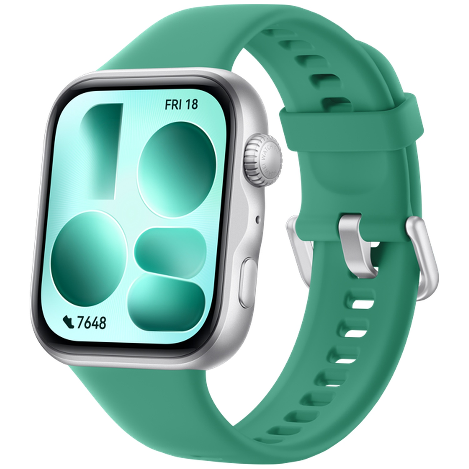 Montre connectée moderne avec bracelet vert et boîtier argenté, affichant 