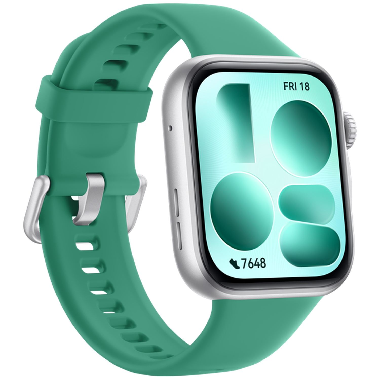 Une montre connectée verte avec boîtier argenté et écran lumineux affichant la date et des icônes.