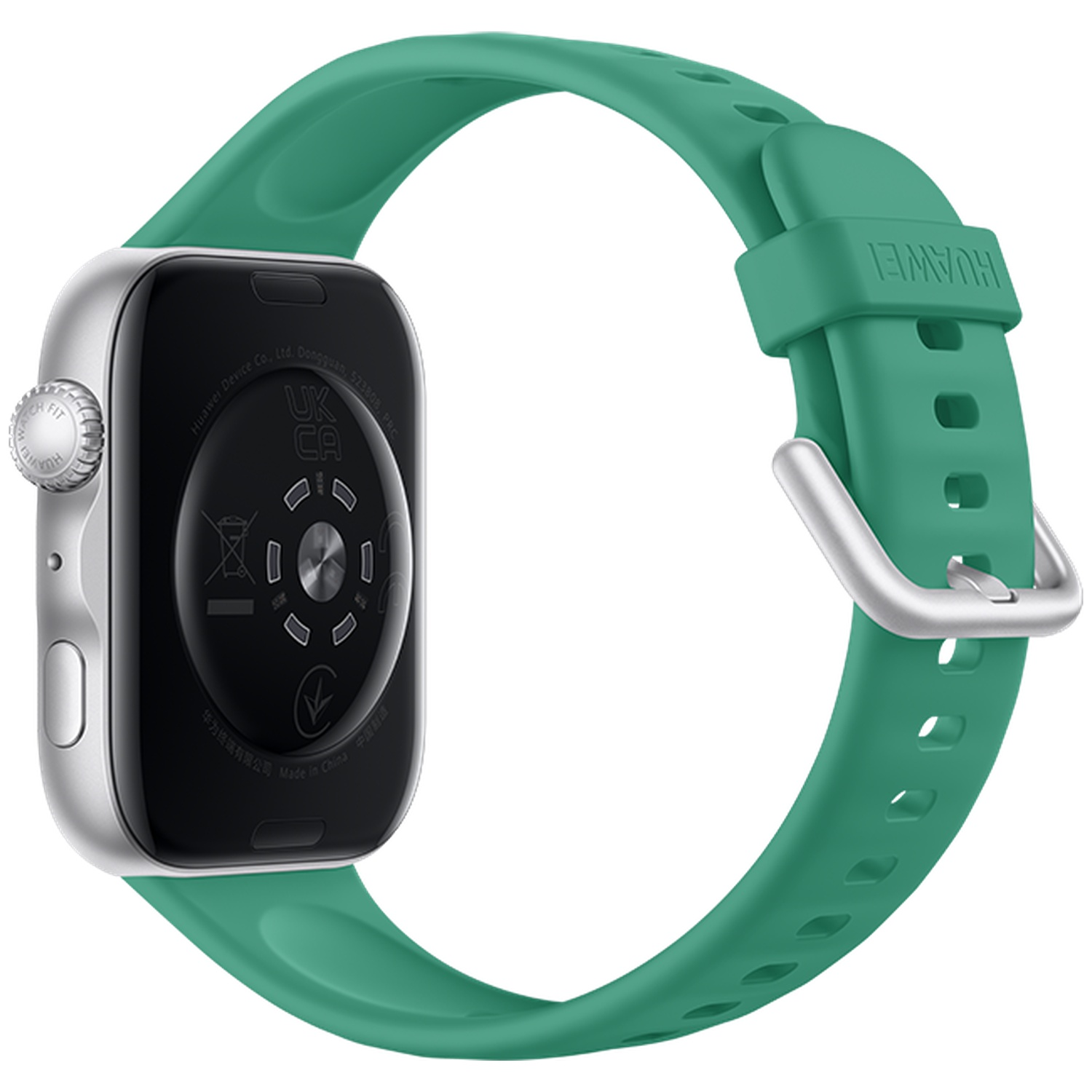 Arrière d'une montre connectée avec boîtier argenté et bracelet vert logo Huawei.