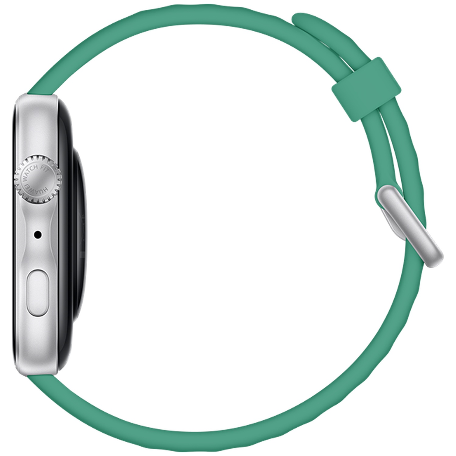 Une montre connectée verte avec boîtier et bracelet argentés, fond blanc.