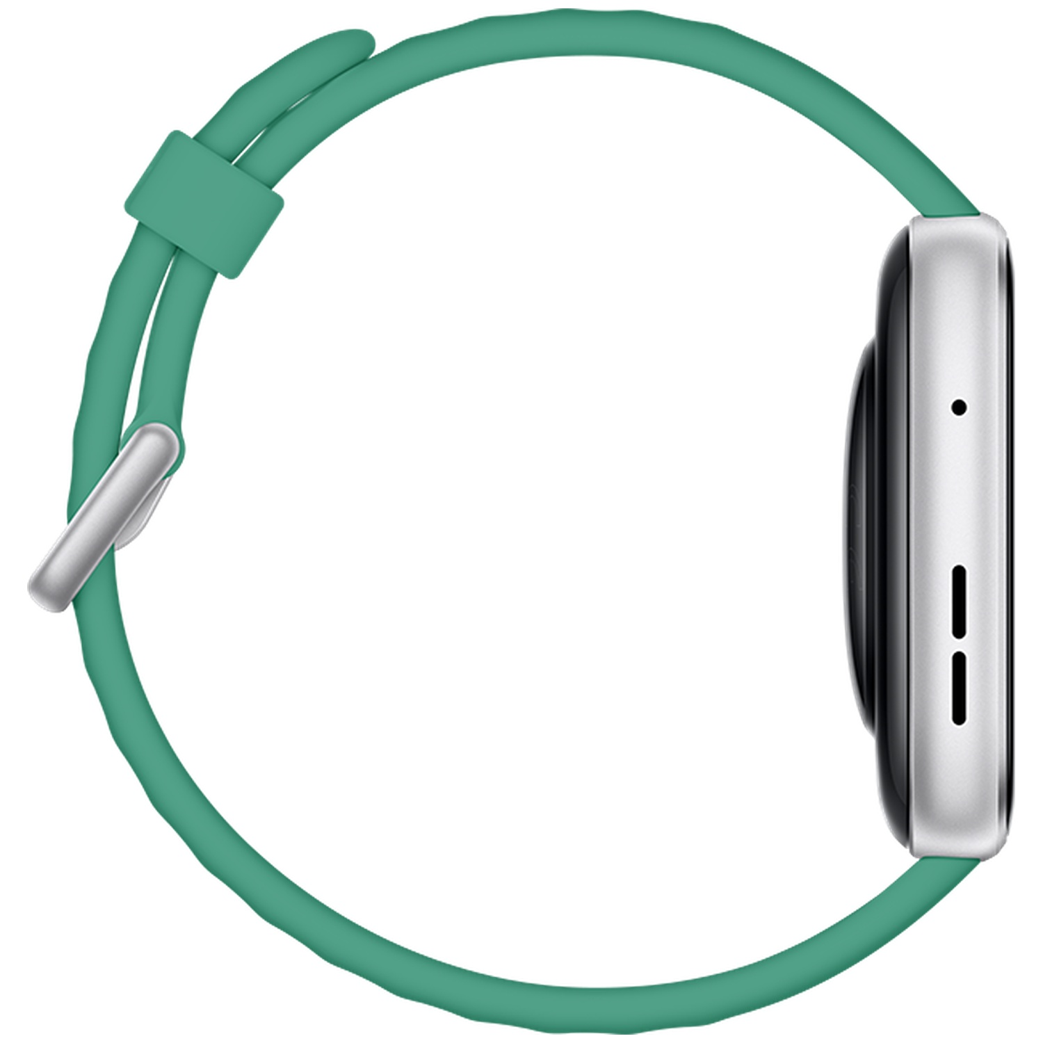 Une montre connectée verte avec boîtier et bracelet argentés est vue de gauche.