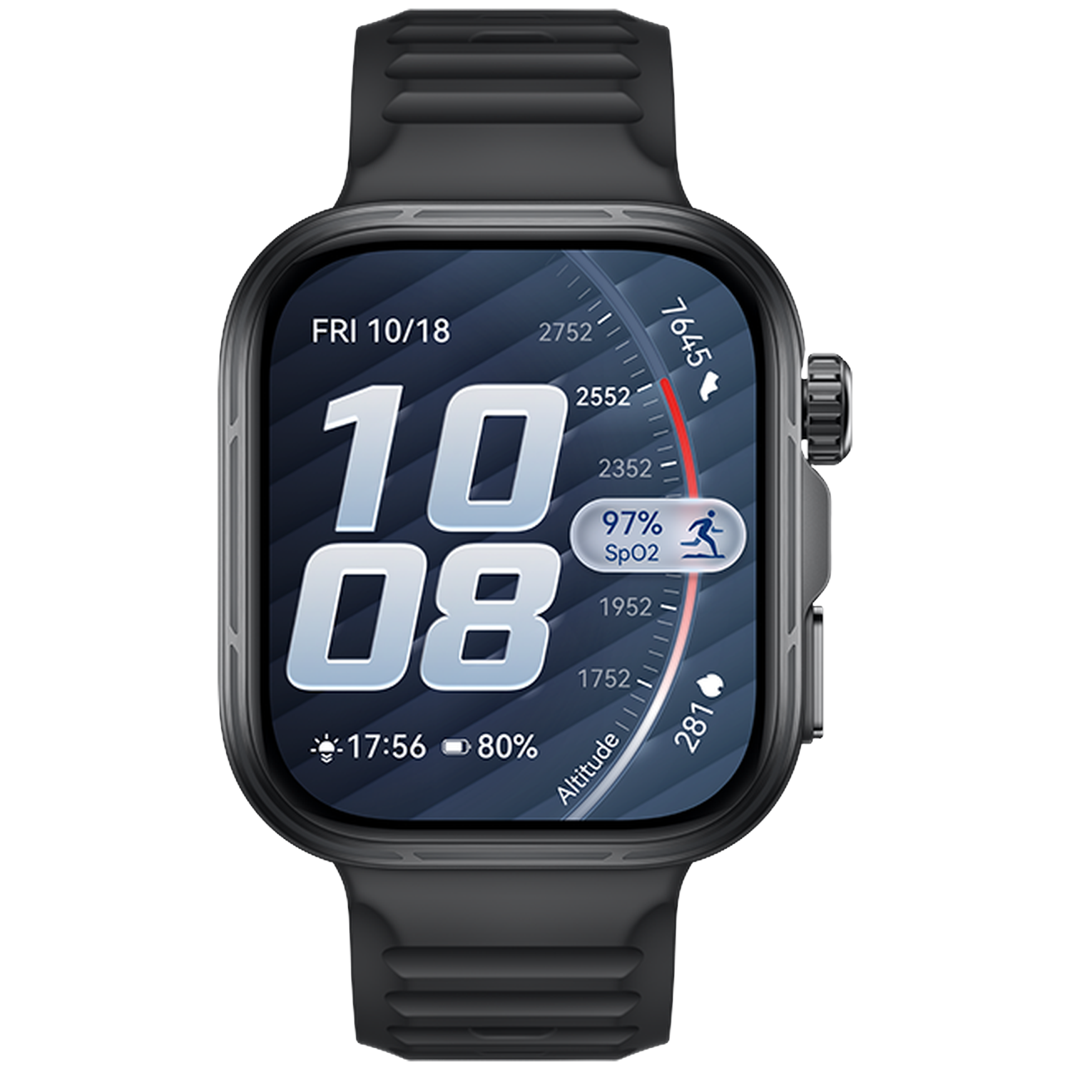 Une montre connectée noire avec cadran sombre affiche 10:08.