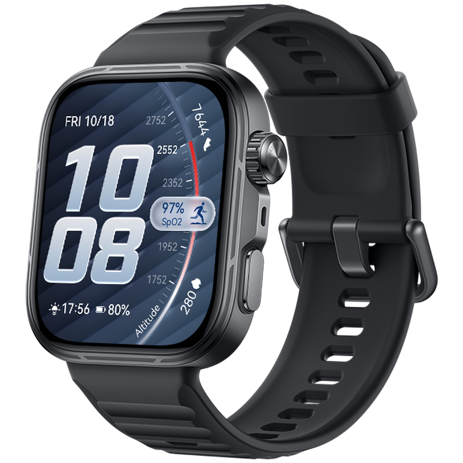 Une montre connectée noire avec grand écran affiche l'heure, la date, la SpO2 et l'altimètre.