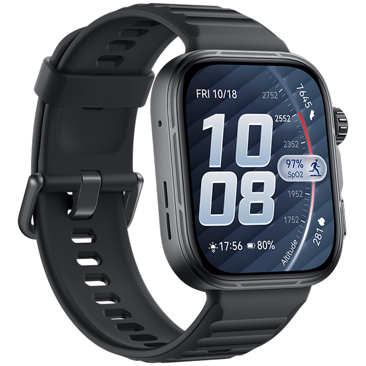 Une montre connectée noire avec un grand écran affichant l'heure, la date, le SpO2 et l'altitude.
