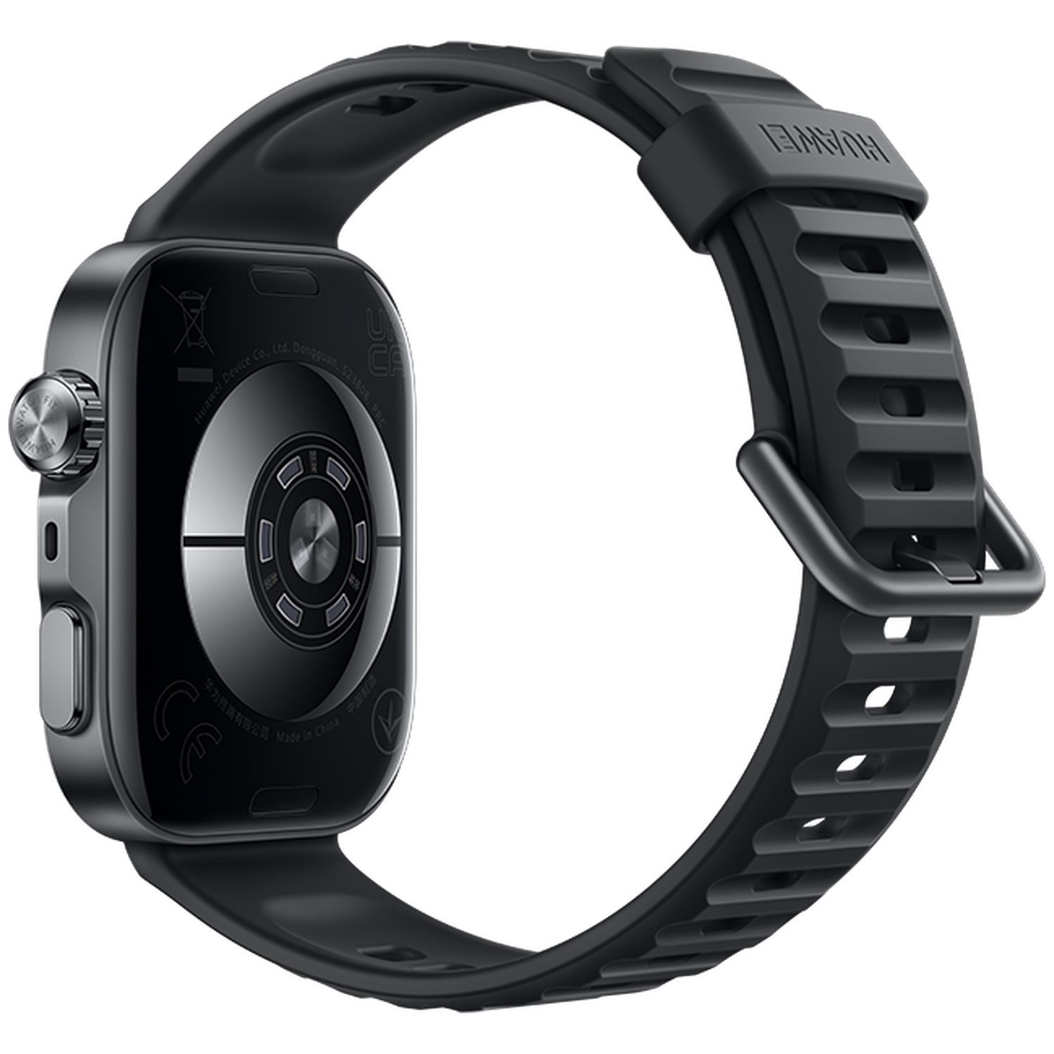 Montre connectée noire avec bracelet en caoutchouc, le logo Huawei est visible.