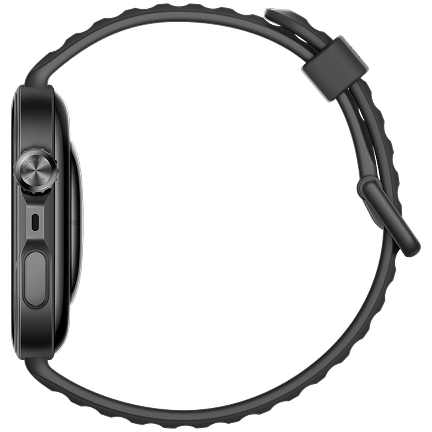 Montre connectée noire avec bracelet, vue latérale, avec couronne et boutons.