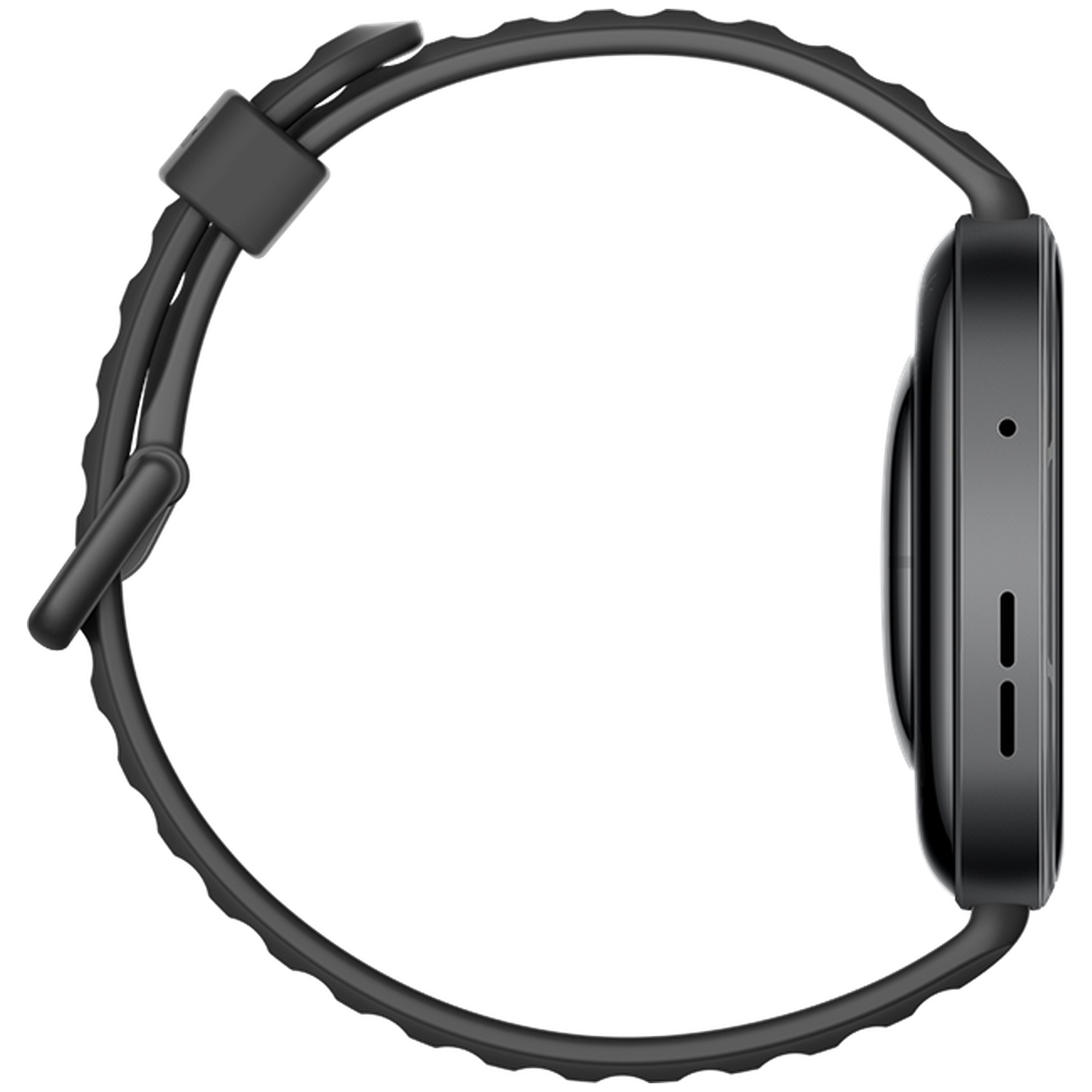 Bracelet de montre intelligente noir avec boîtier latéral et boutons.