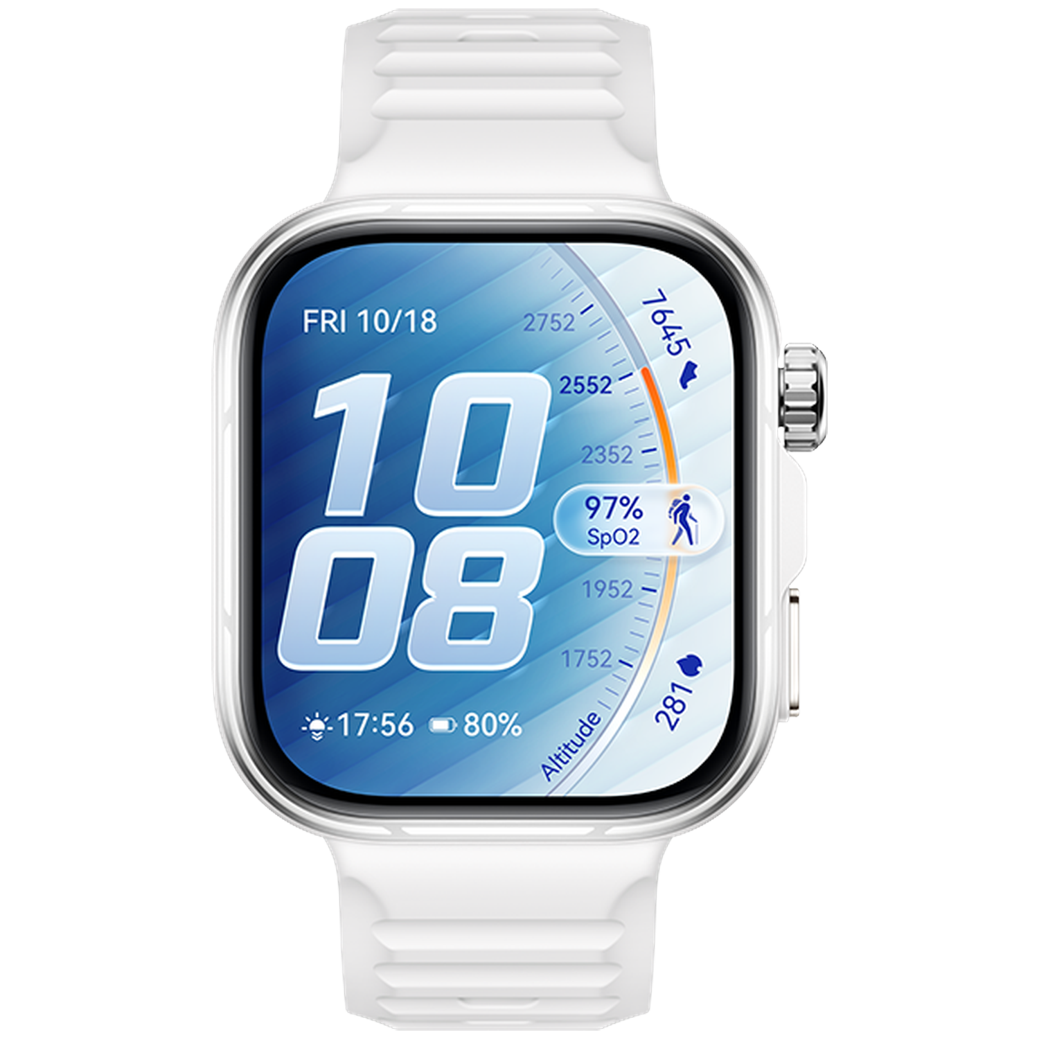 Montre connectée blanche affichant 10:08, SpO2 97%, altitude et batterie 80%.