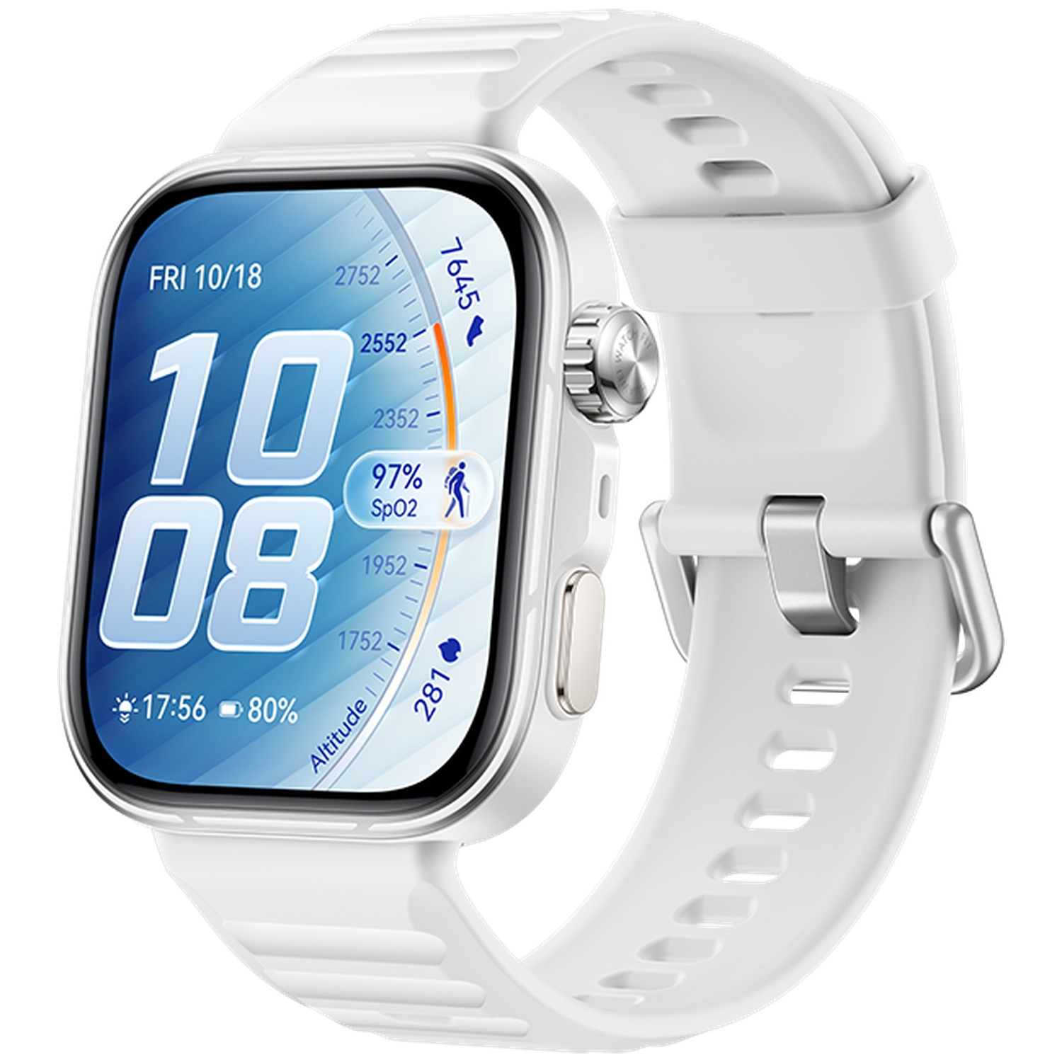 Montre connectée blanche avec grand écran, affichant 10:08, SpO2 97%, date FRI 10/18.
