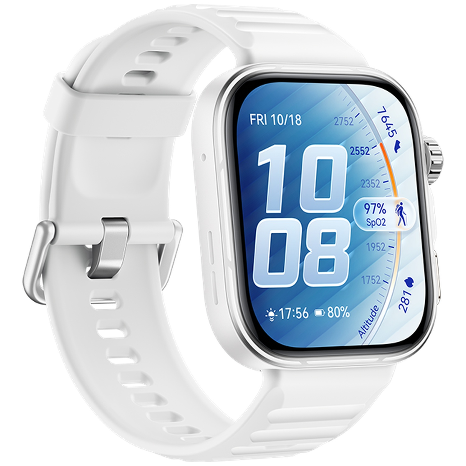 Montre connectée blanche avec écran numérique : 10h08, Date ven 18/10, 97% SpO2.