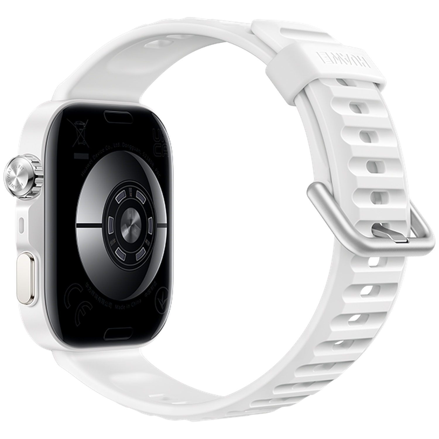 Montre connectée blanche avec bracelet blanc et couronne argentée.