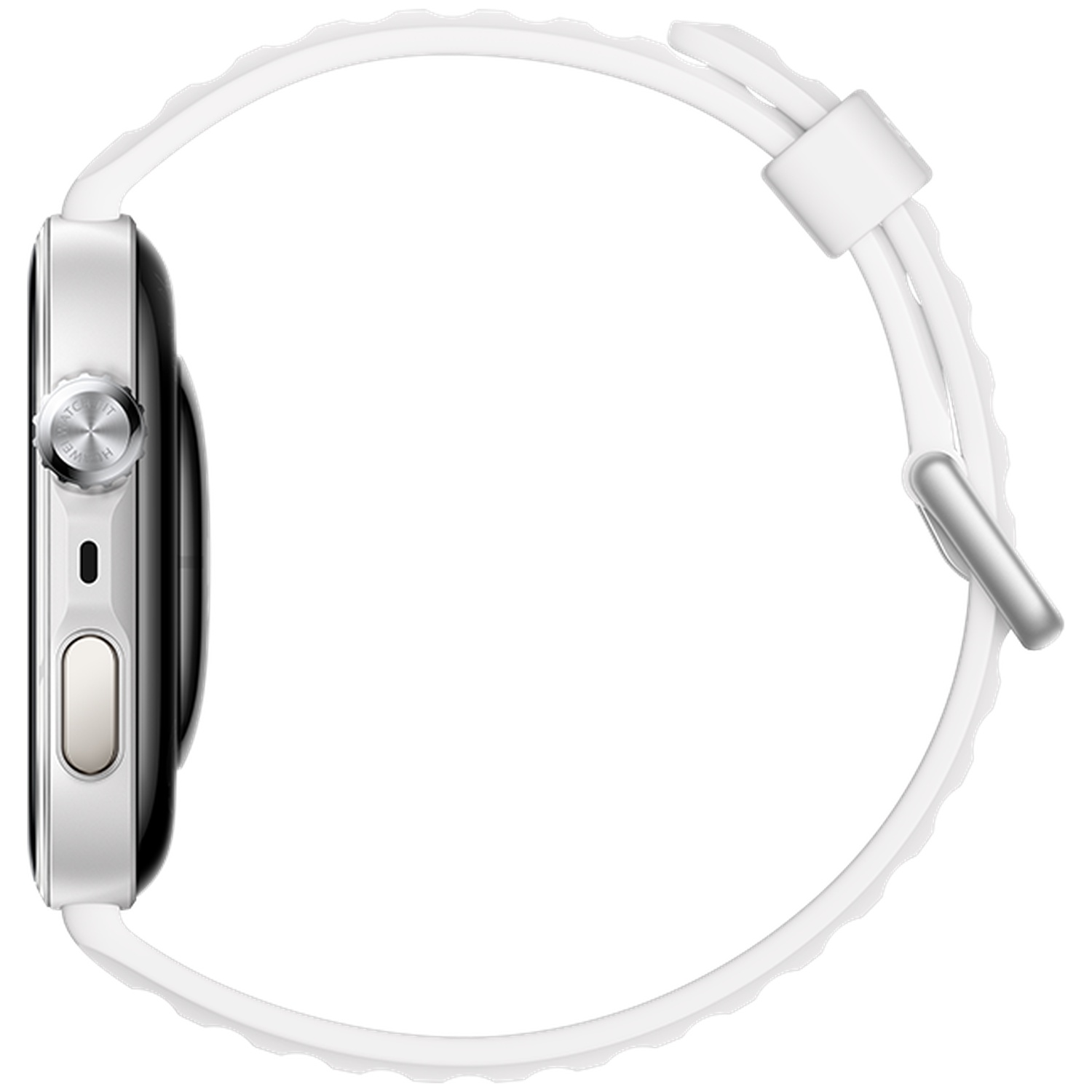 Montre connectée argentée avec bracelet blanc, vue de profil.