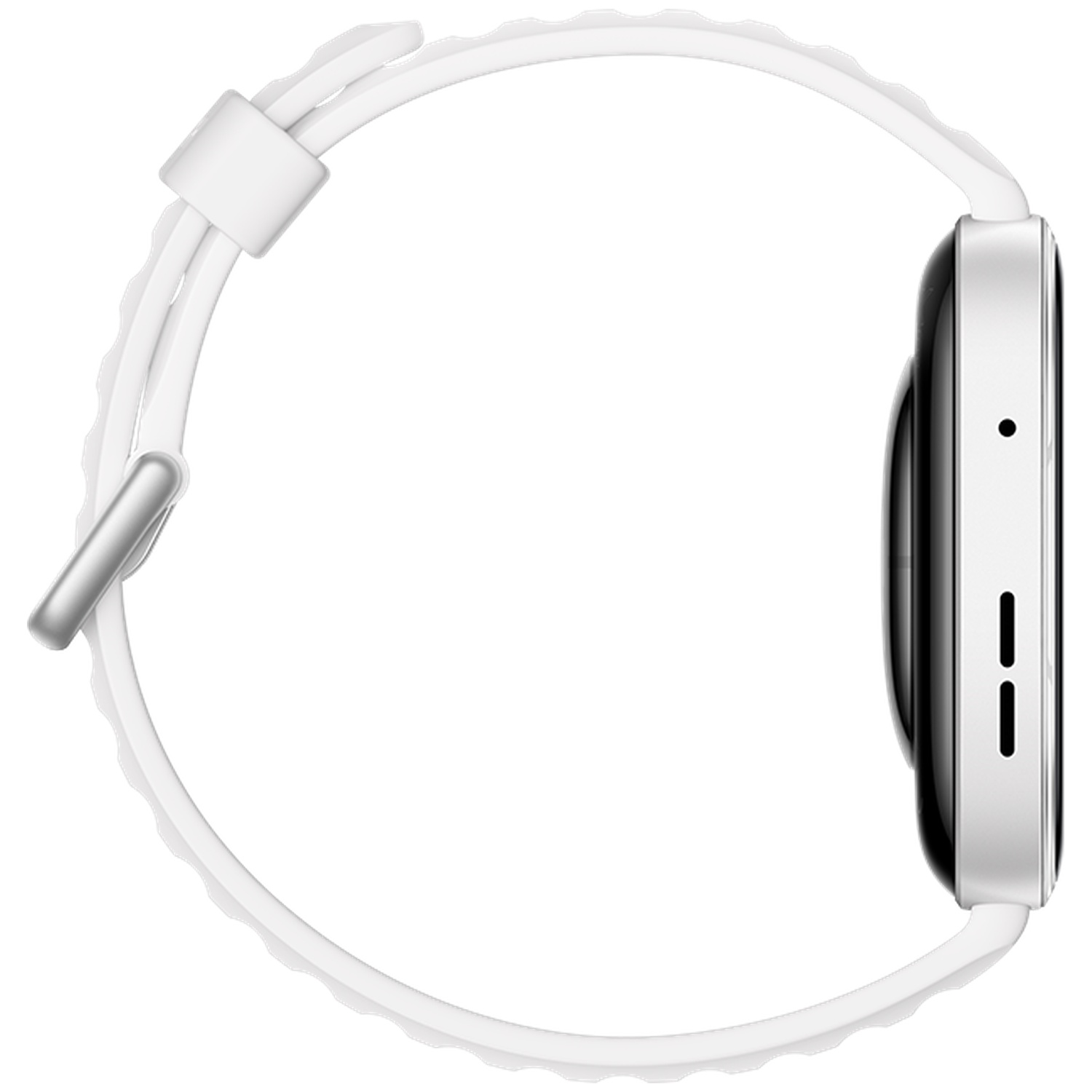 Montre connectée blanche avec boucle argentée et écran noir.