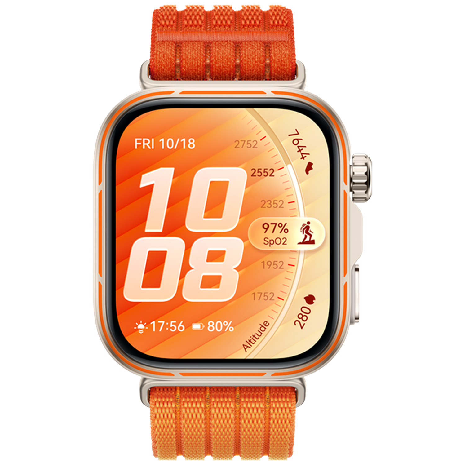 Montre connectée avec bracelet orange affichant 10:08, date VEN 10/18, 97% SpO2, 80% batterie.