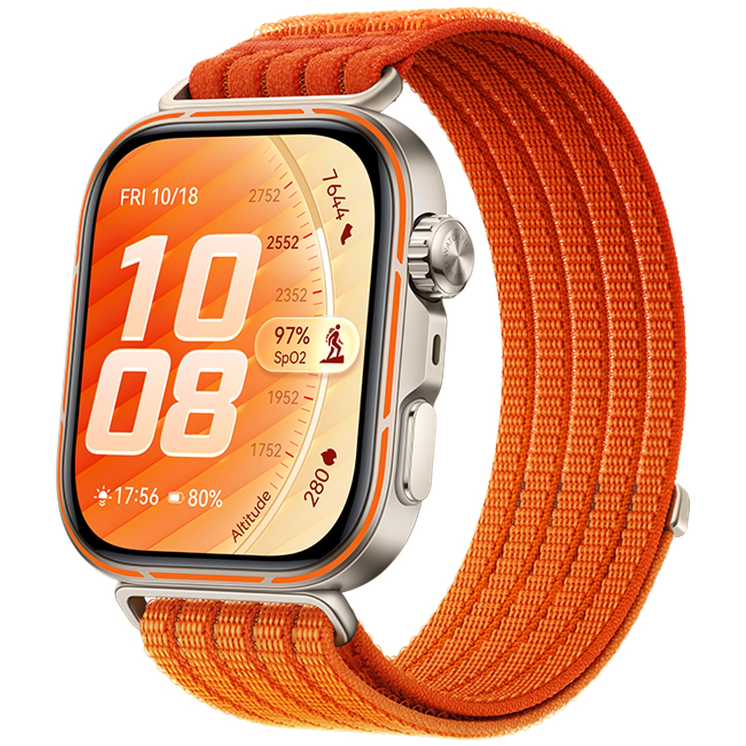 Une montre connectée orange avec boîtier argenté affichant l'heure et des données.