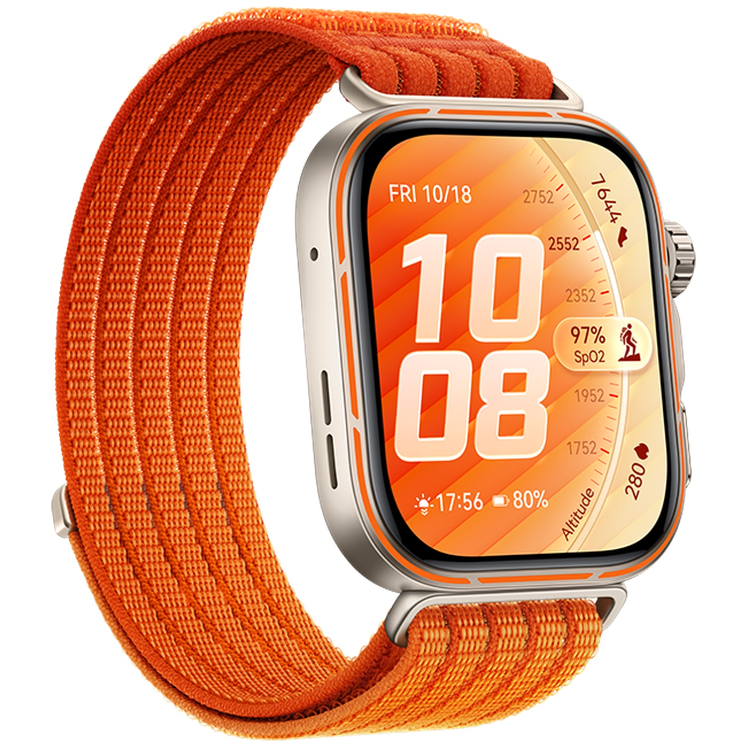 Une montre connectée orange avec boîtier argenté et écran numérique.