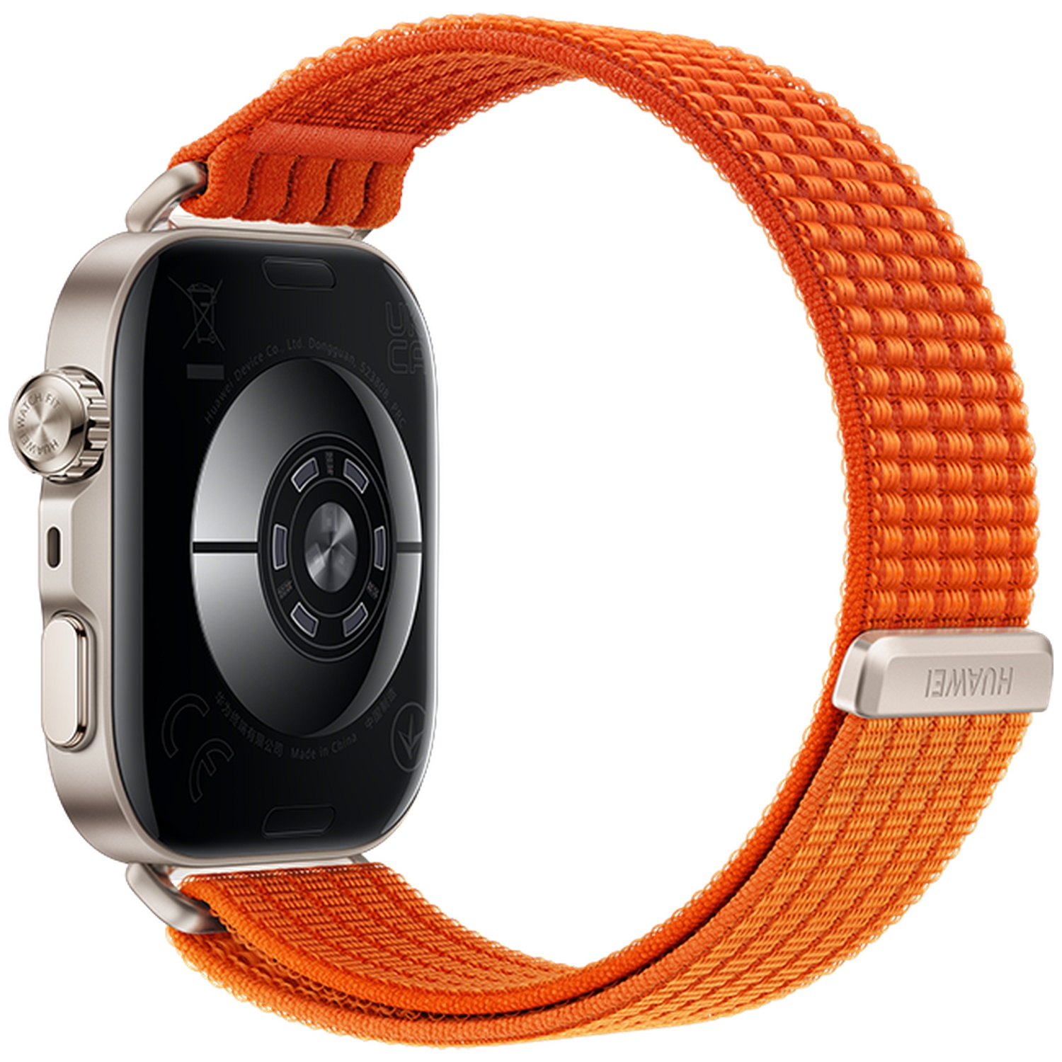 L'arrière d'une montre connectée avec un bracelet en tissu orange.