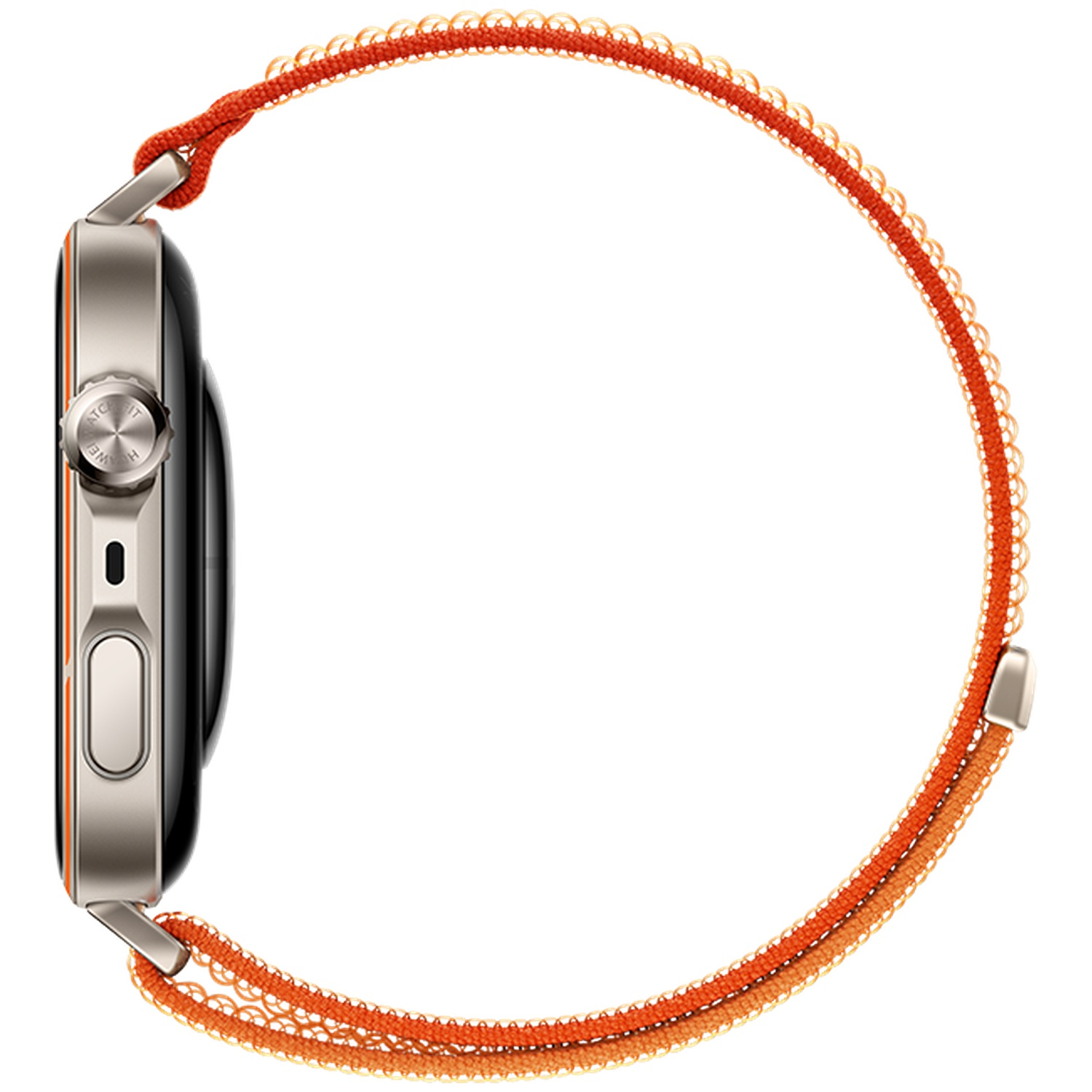 Une montre connectée avec boîtier argenté et bracelet orange est vue de côté.