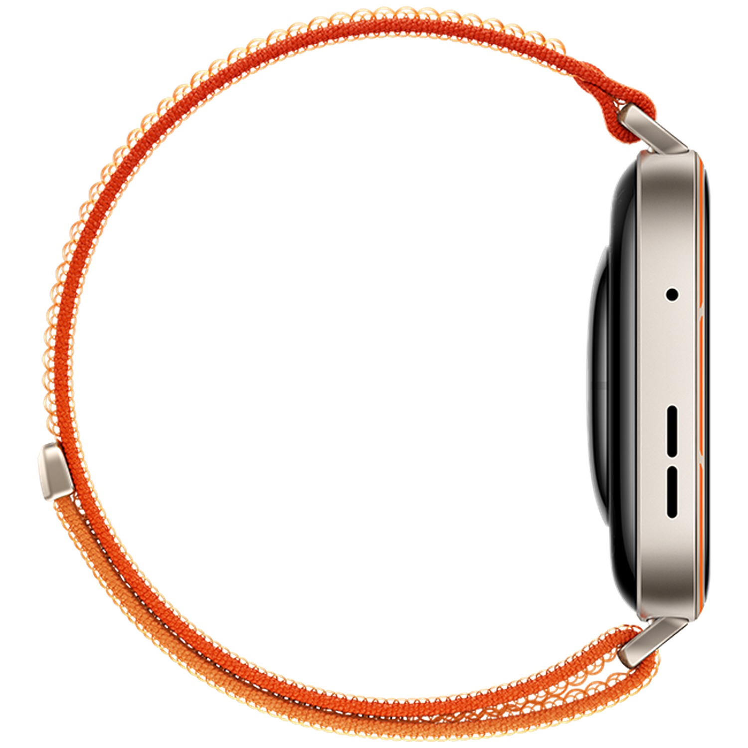 Montre connectée grise avec bracelet tressé orange, vue de côté.