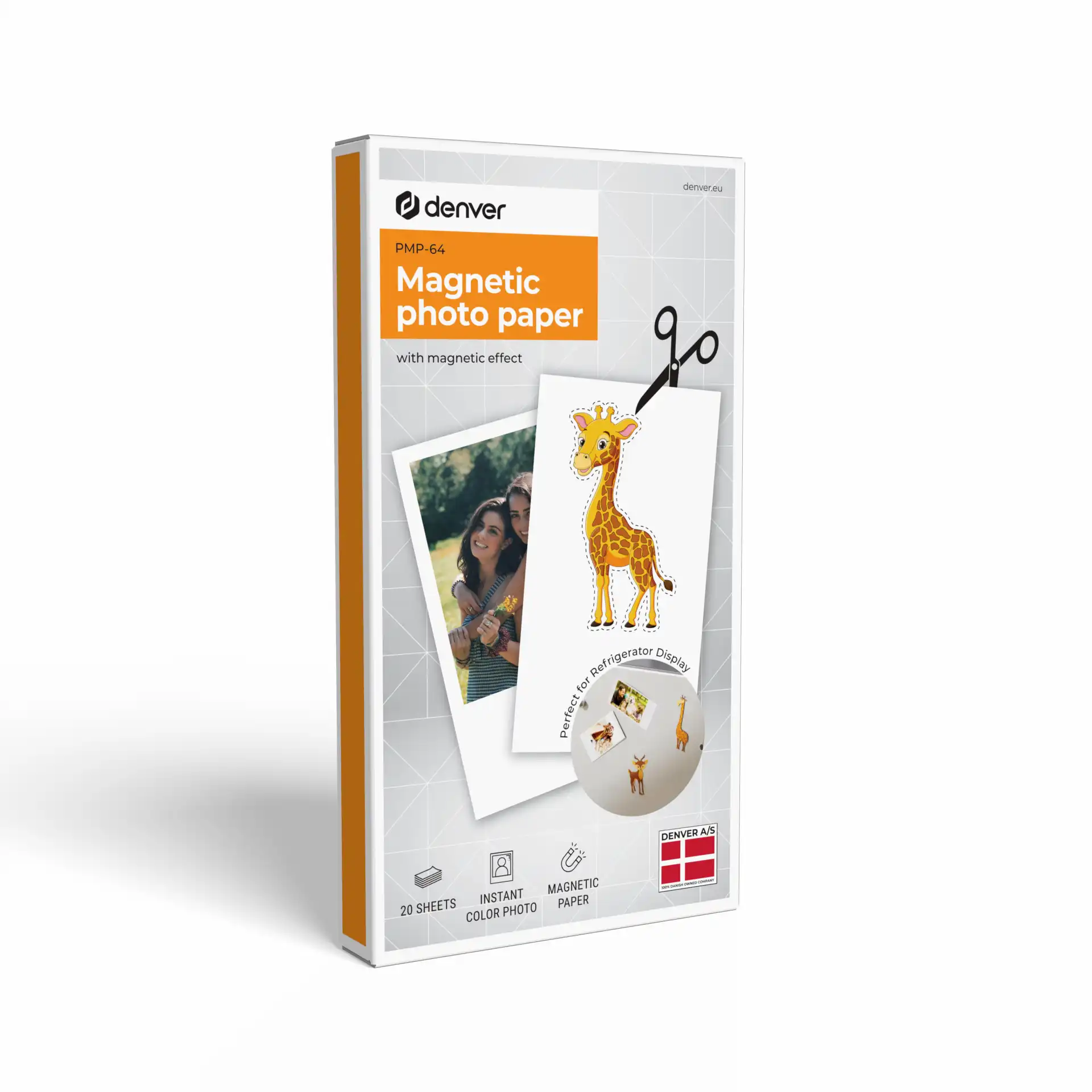 Verpackung für Denver PMP-64 magnetisches Fotopapier mit Giraffendruck.