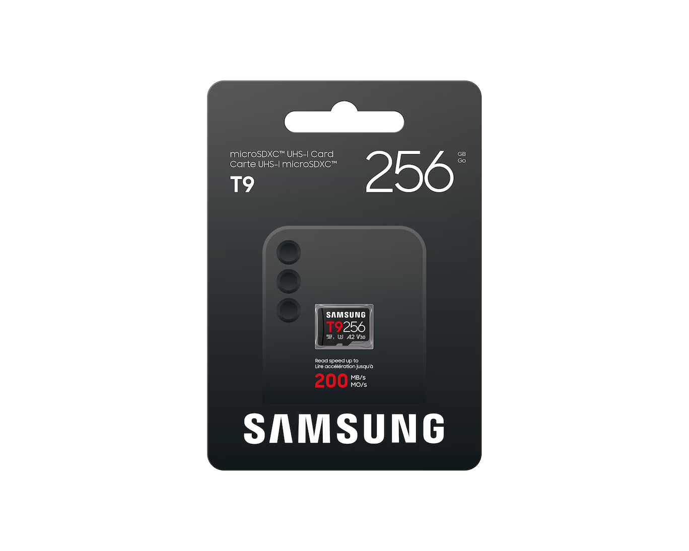 200 MB/s'ye kadar okuma hızına sahip 256 GB Samsung microSDXC T9 kartı paketi.