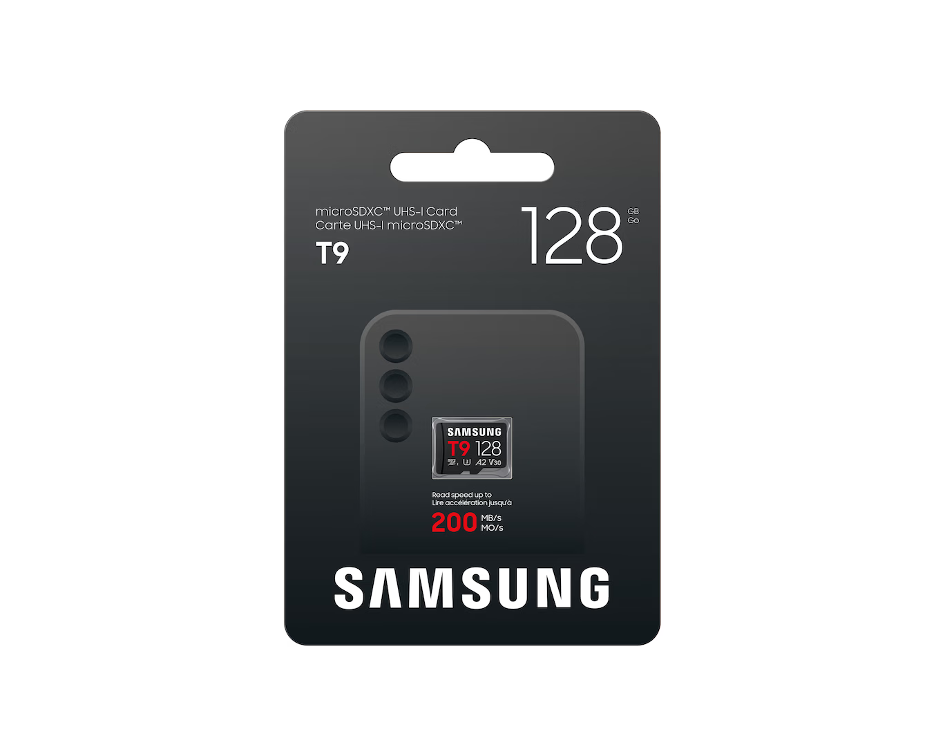 Samsung microSDXC T9 128GB hafıza kartı, 200MB/s okuma hızına sahip.