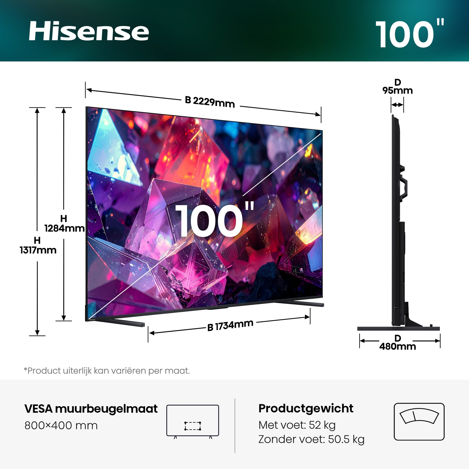 A Hisense 100-inch TV with dimensions and VESA specifications.