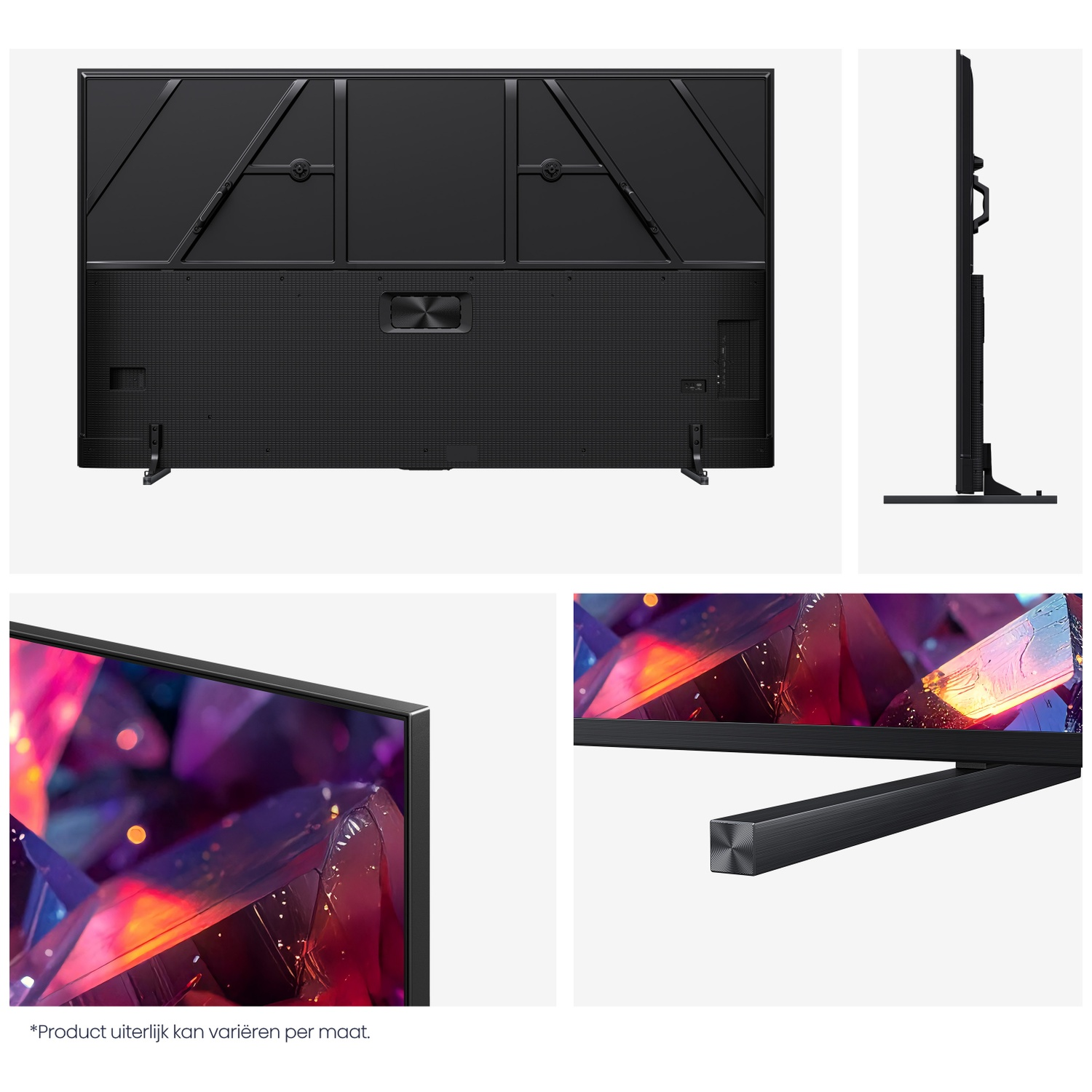 Back and side views of a black television with stand and close-up of screen.