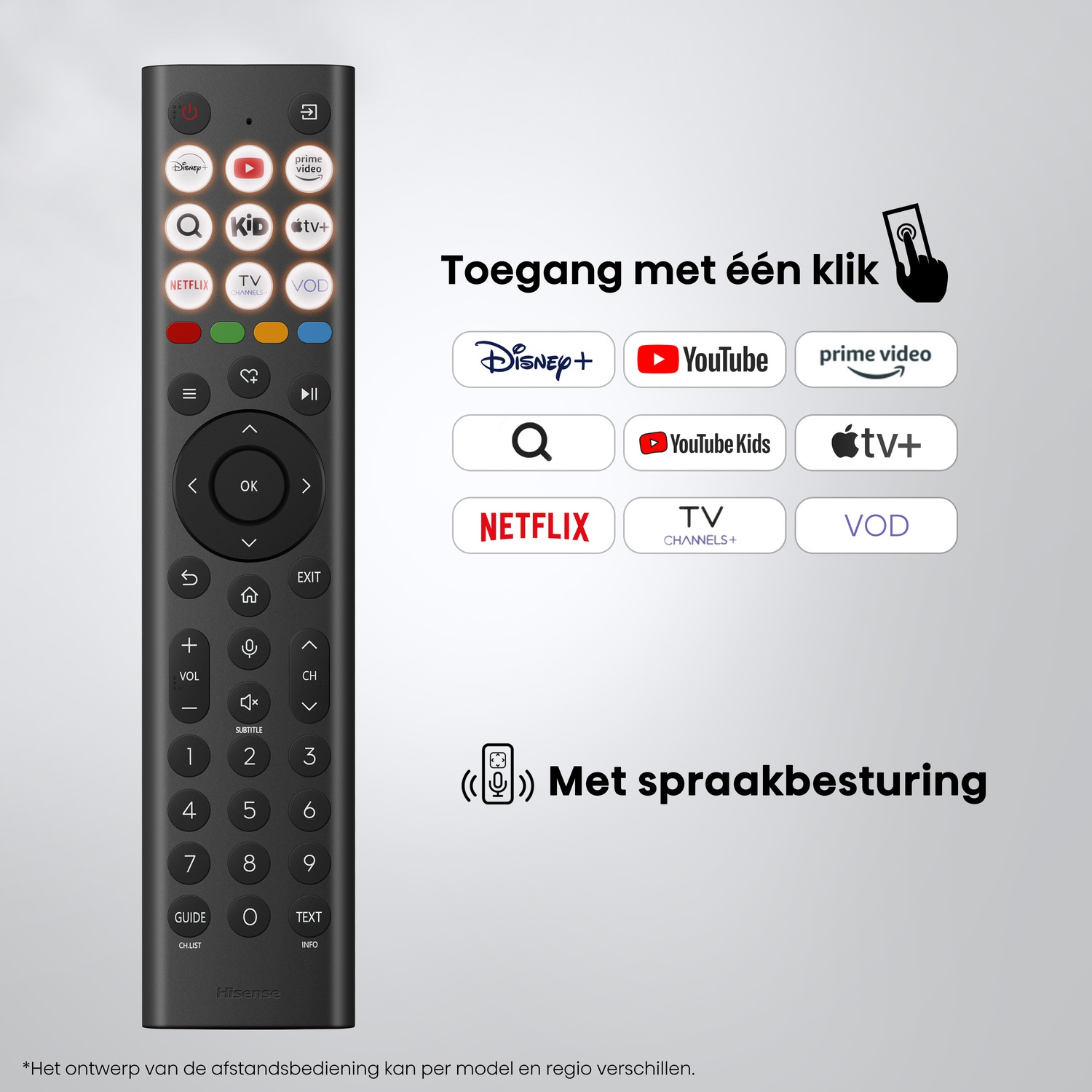 A black remote control with app shortcuts and text about voice control.