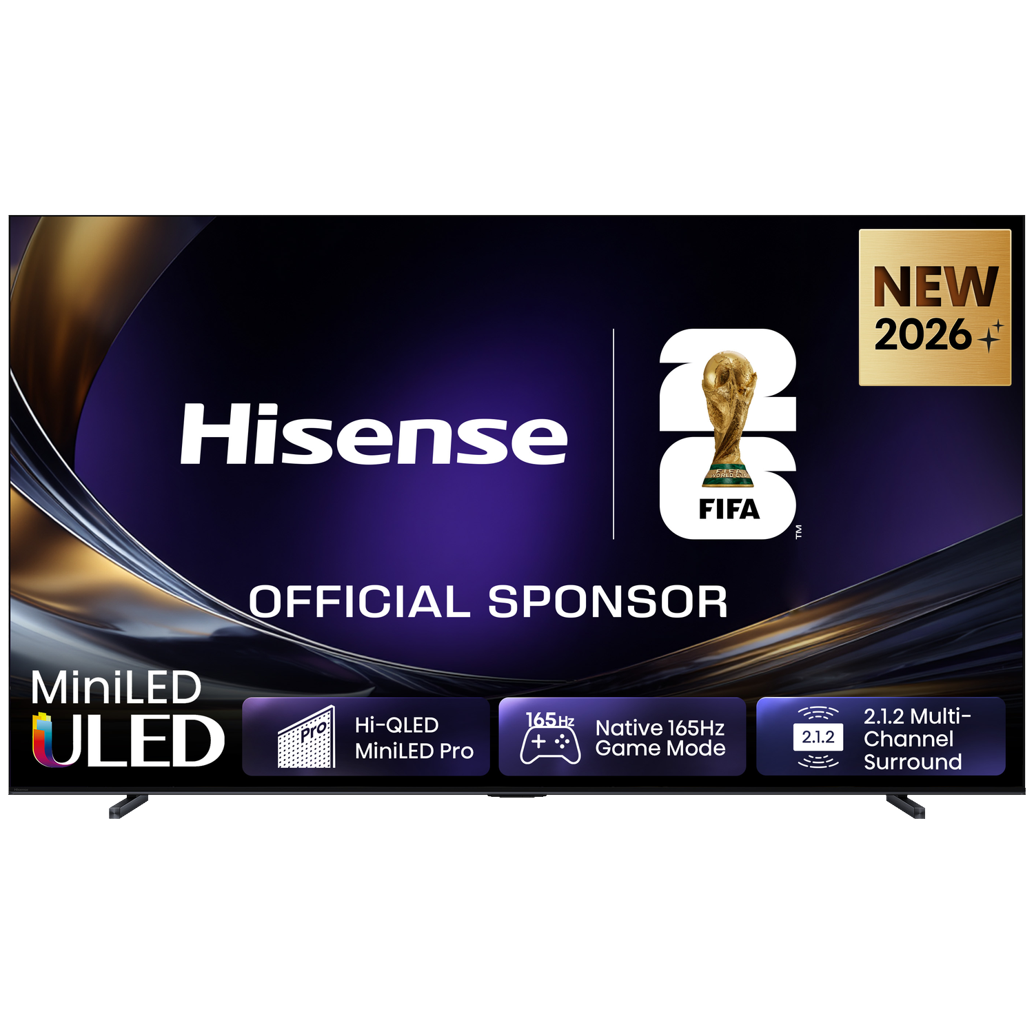 Hisense MiniLED ULED TV met FIFA WK-logo, officiële sponsor, nieuw 2026.