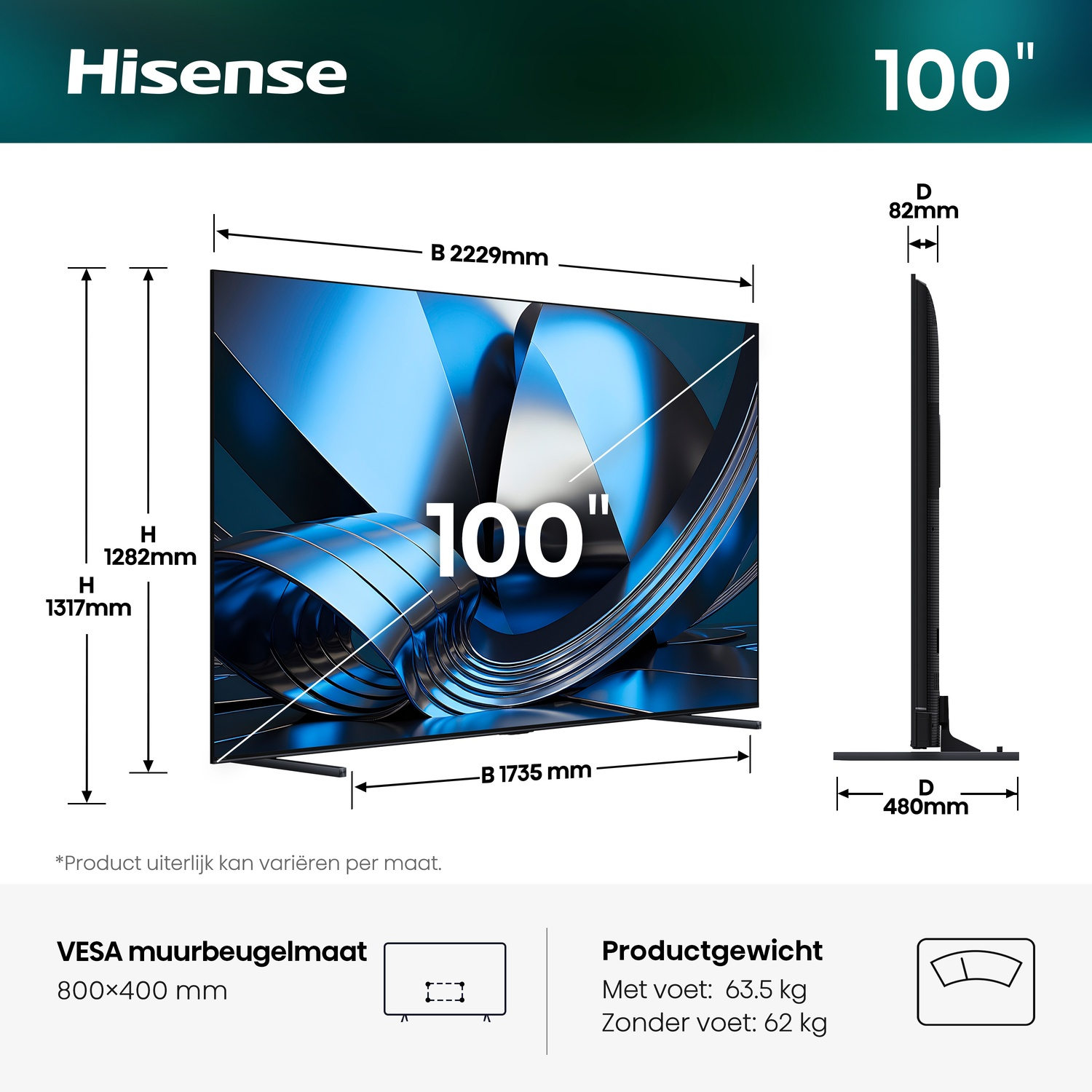 Hisense 100 inch TV dimensions: W 2229mm, H 1282/1317mm, D 82/480mm. VESA 800x400mm.