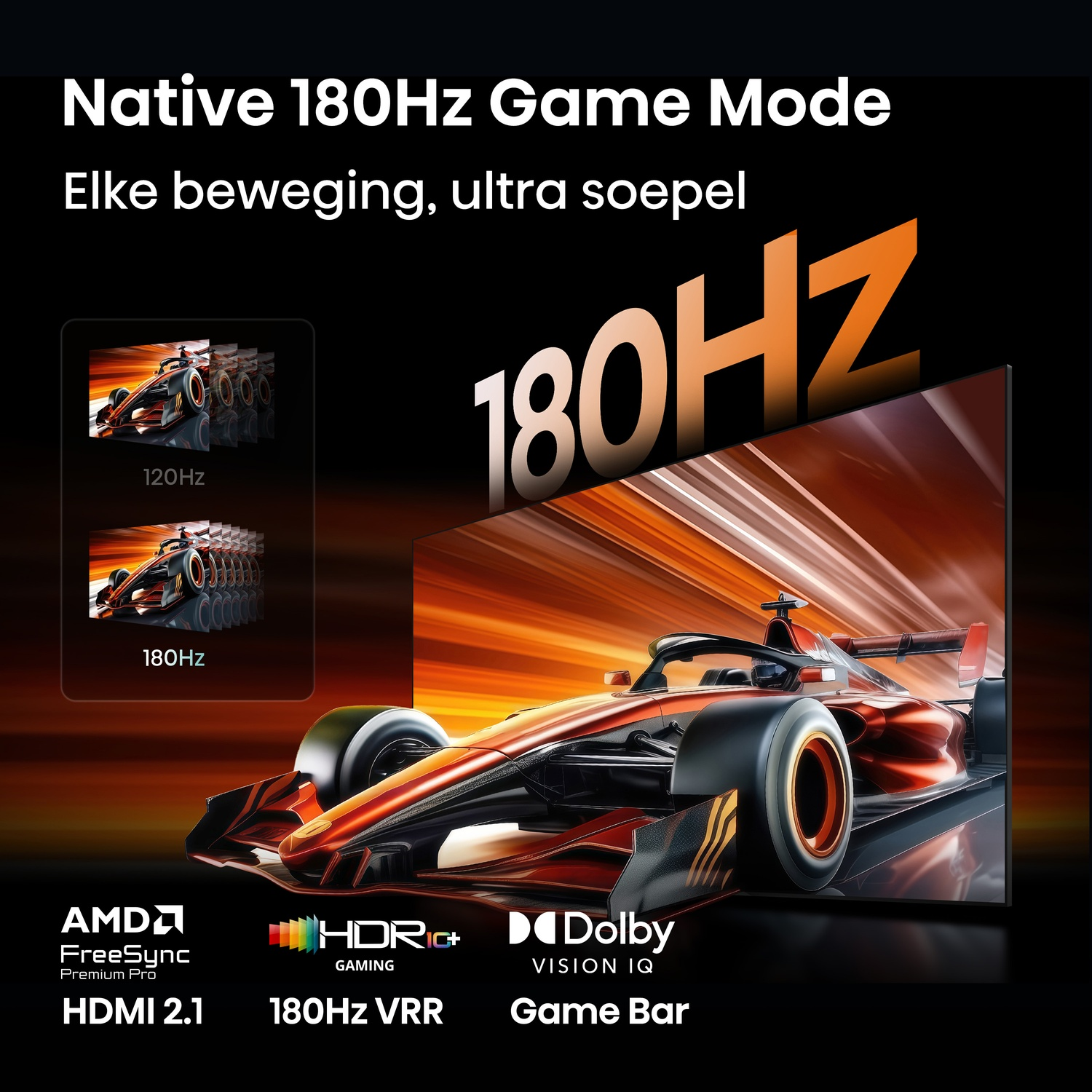 An orange and black race car with '180Hz Game Mode' text.