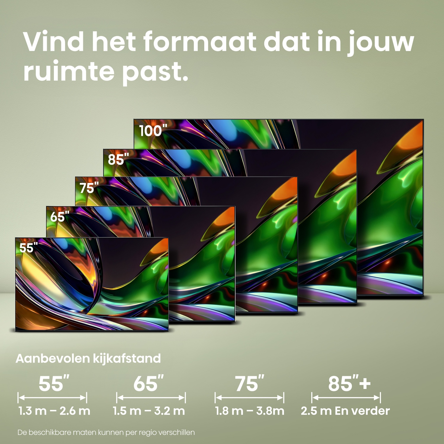 Multiple TVs in various sizes, from 55" to 100", with recommended viewing distances.