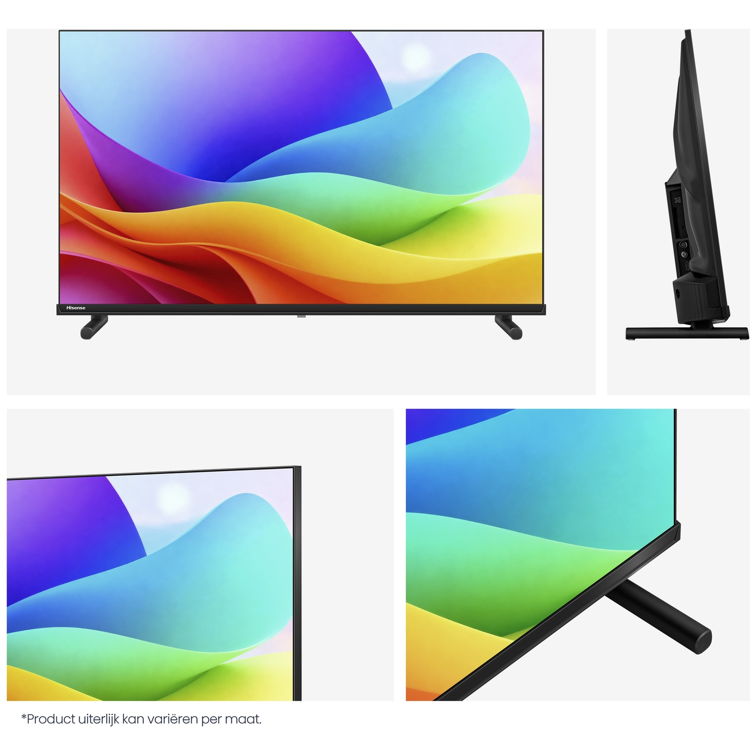 A Hisense TV displays a colorful abstract image. Side view shows ports. Close-up of screen and stand.