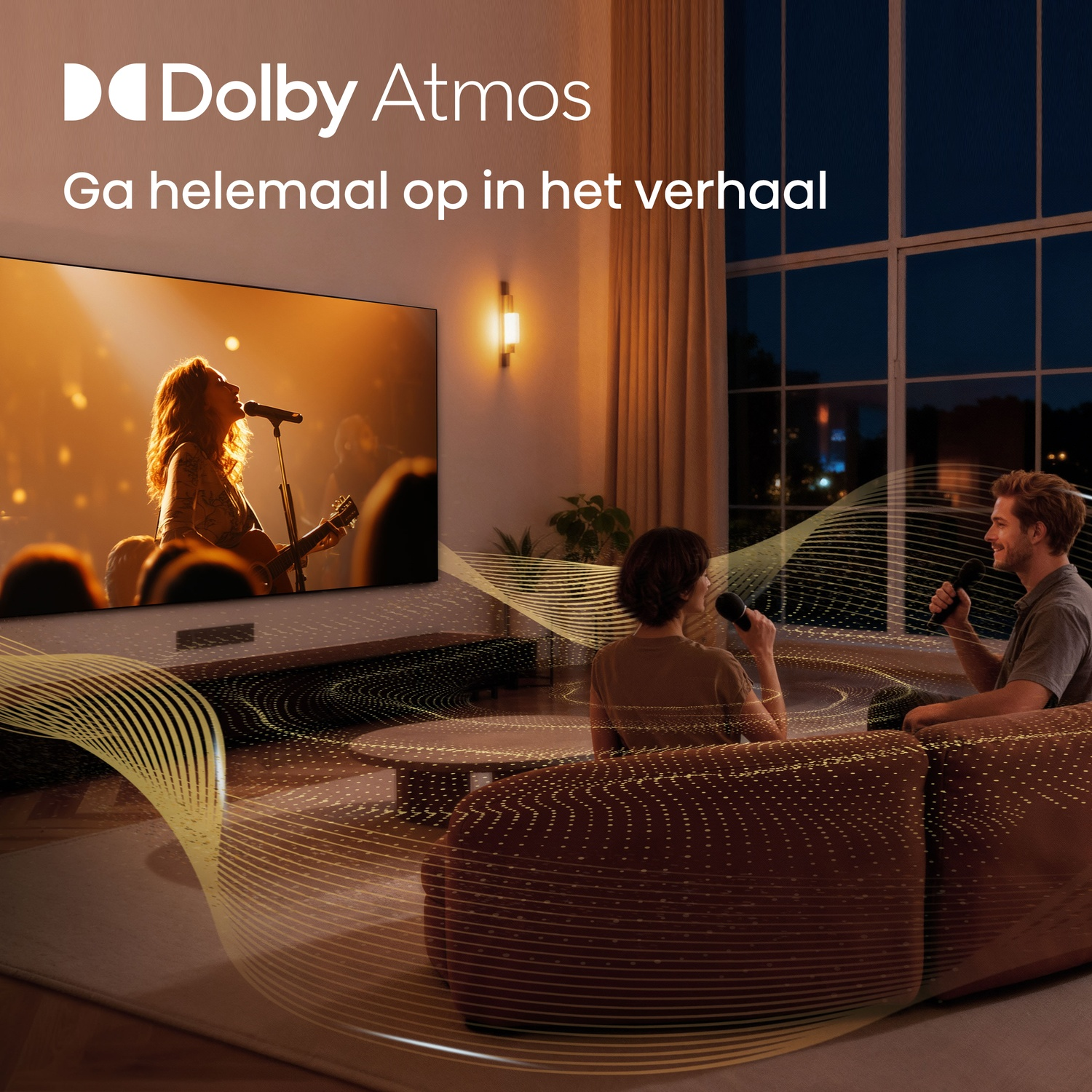 A couple enjoys music from a TV displaying a concert. Dolby Atmos.