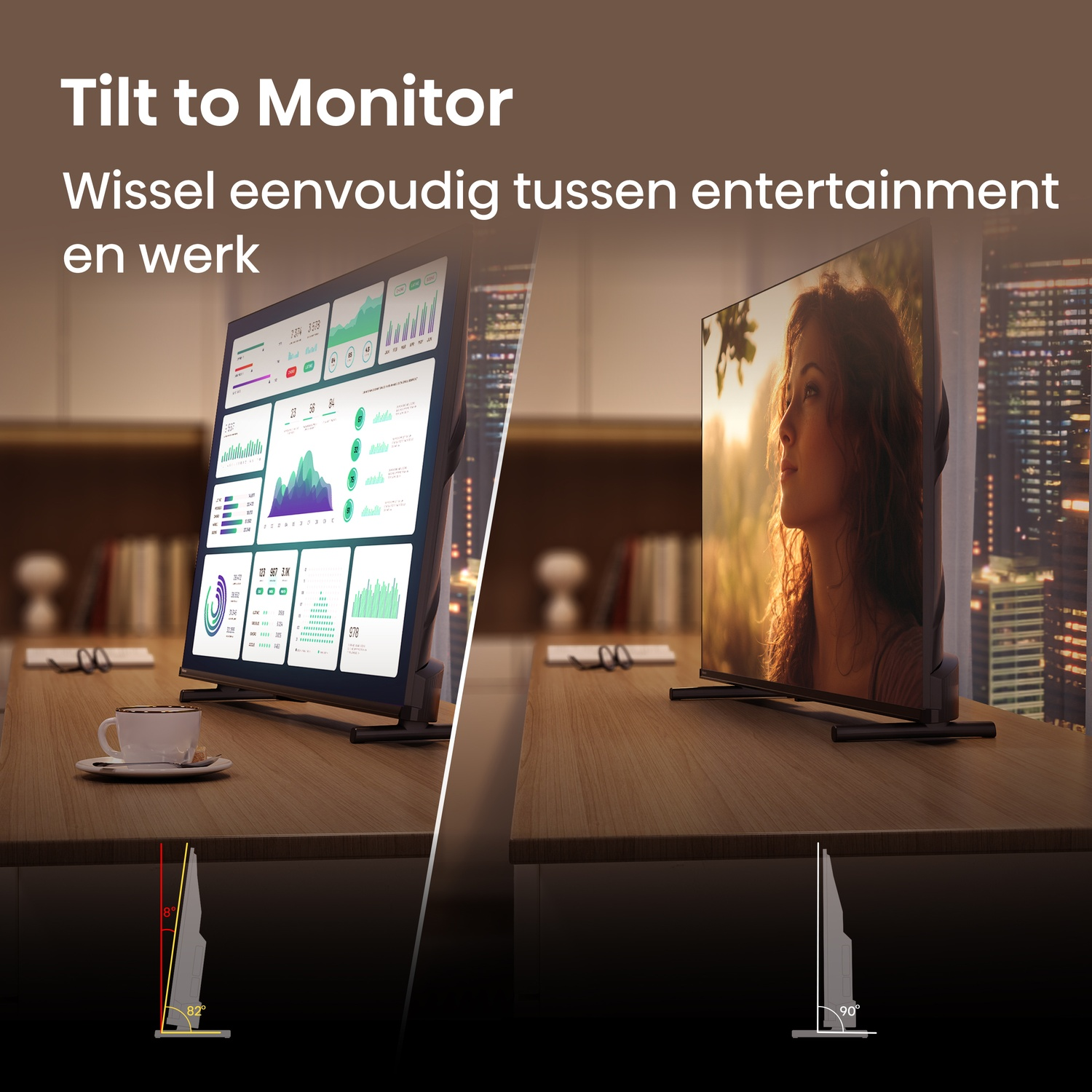 Monitor in landscape and portrait mode on a desk, showing charts and a portrait.