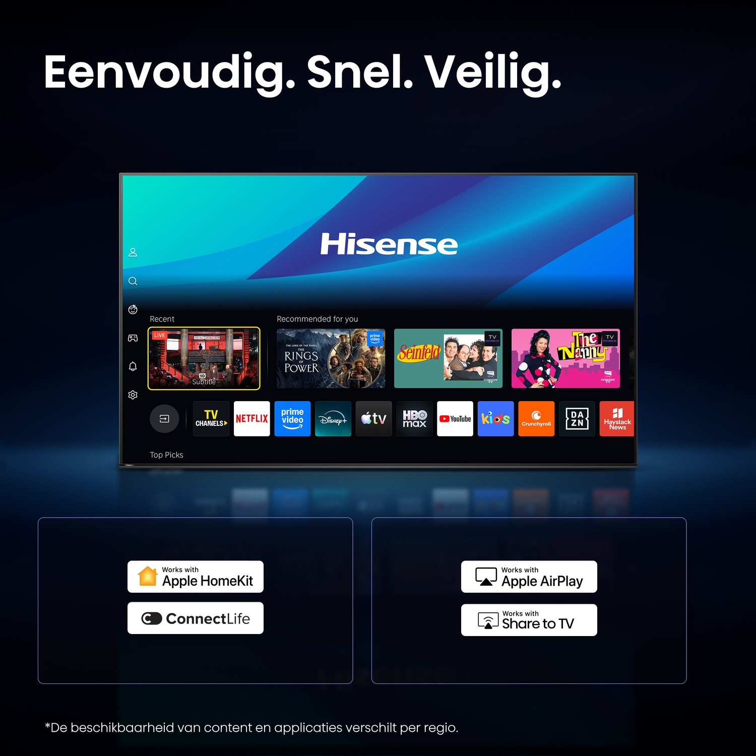 A Hisense Smart TV showing app and content menus. Logos for Apple HomeKit and ConnectLife are below.