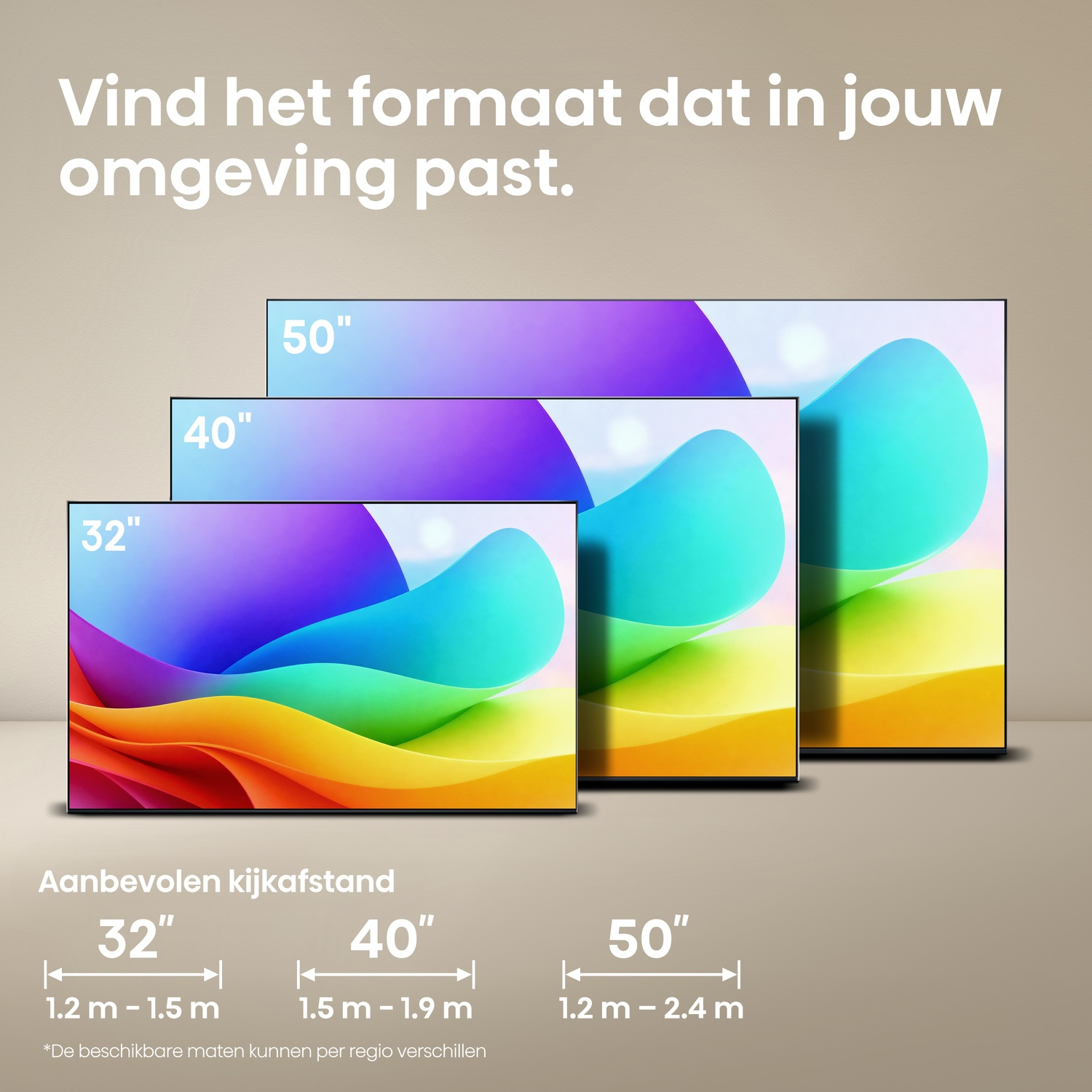 Three TVs in different sizes (32, 40, 50 inches) with colorful screens.