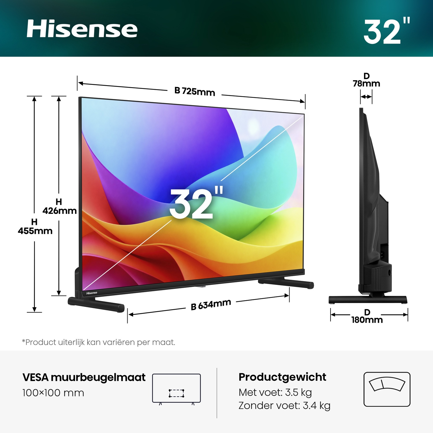 A 32-inch Hisense TV with dimensions: Width 725mm, Height 426mm, Depth 78mm.