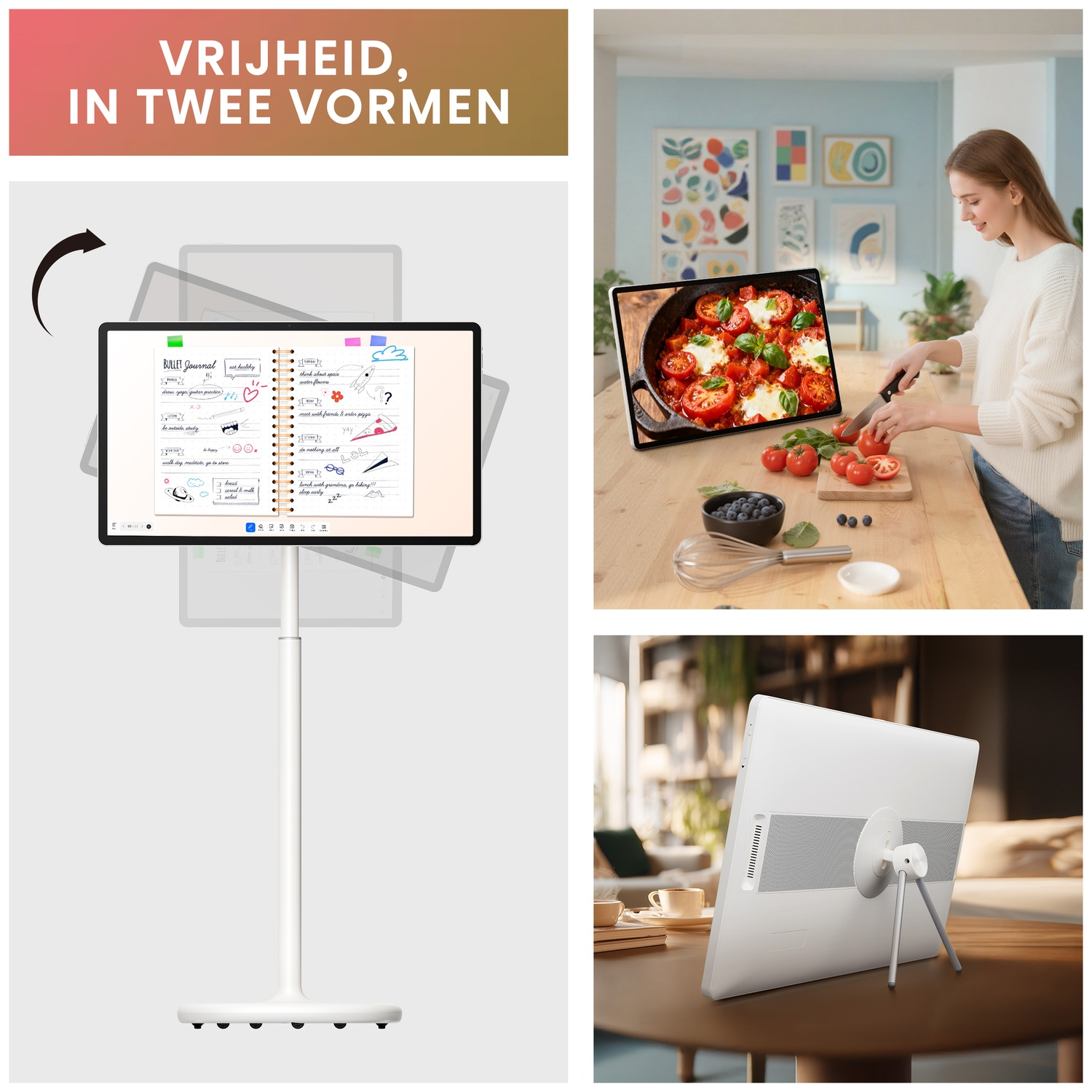 Un collage présentant une tablette affichant un journal, une femme cuisinant et l'arrière d'une tablette.