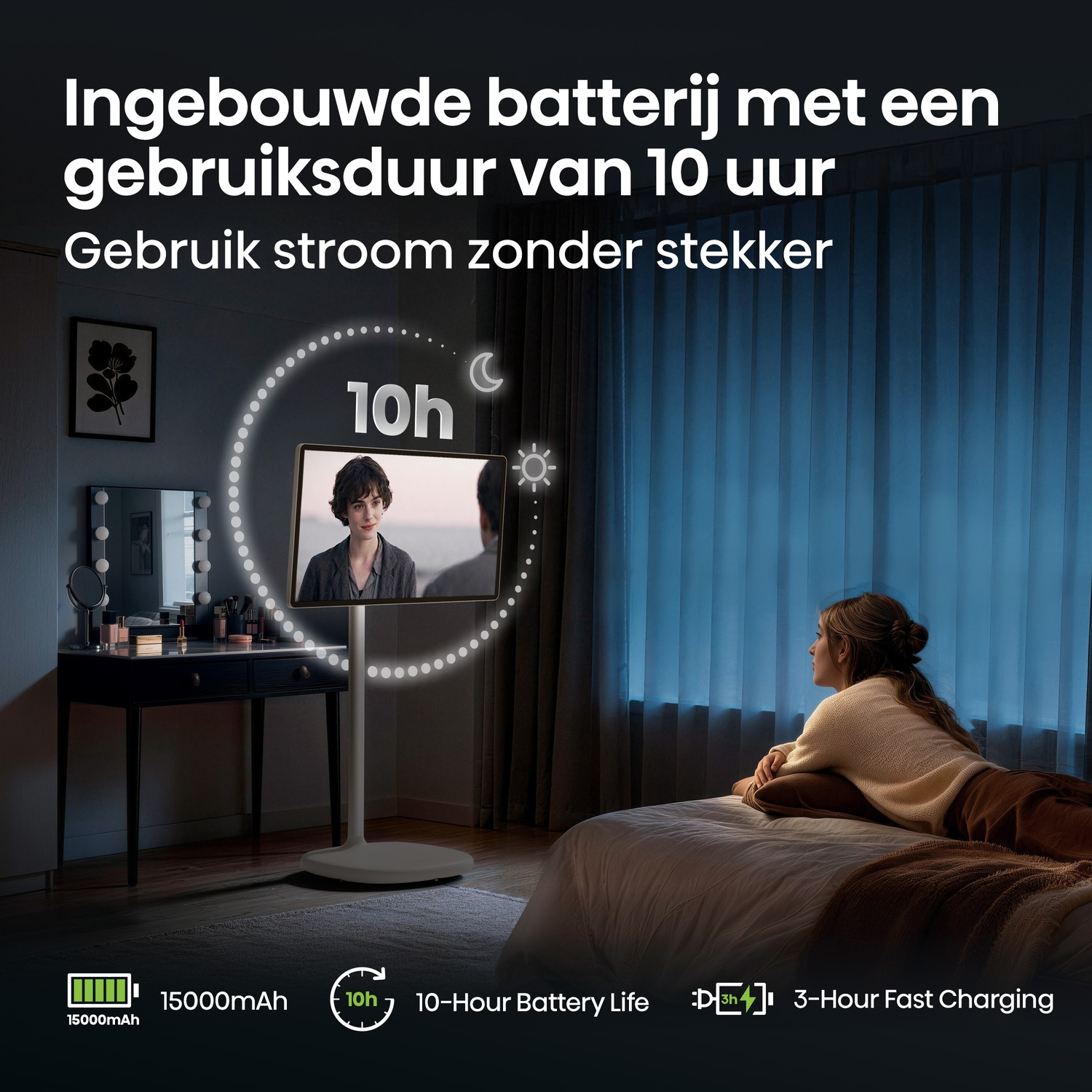 Une fille est allongée sur un lit, regardant une télévision sur un pied. Informations sur la batterie affichées.