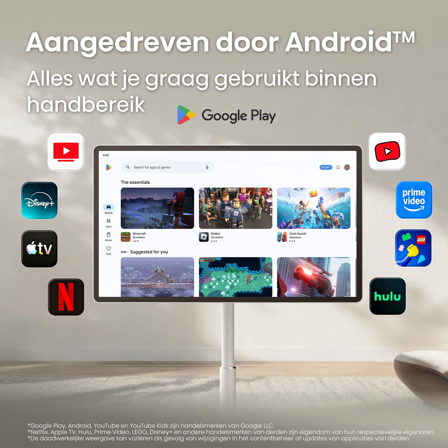 Android TV avec icônes d'applications : YouTube, Disney+, Apple TV, Netflix, Prime Video, Lego, Hulu.