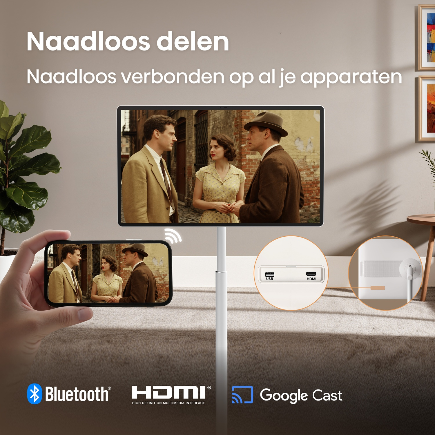 Un smartphone affiche trois personnes connectées sur un écran.