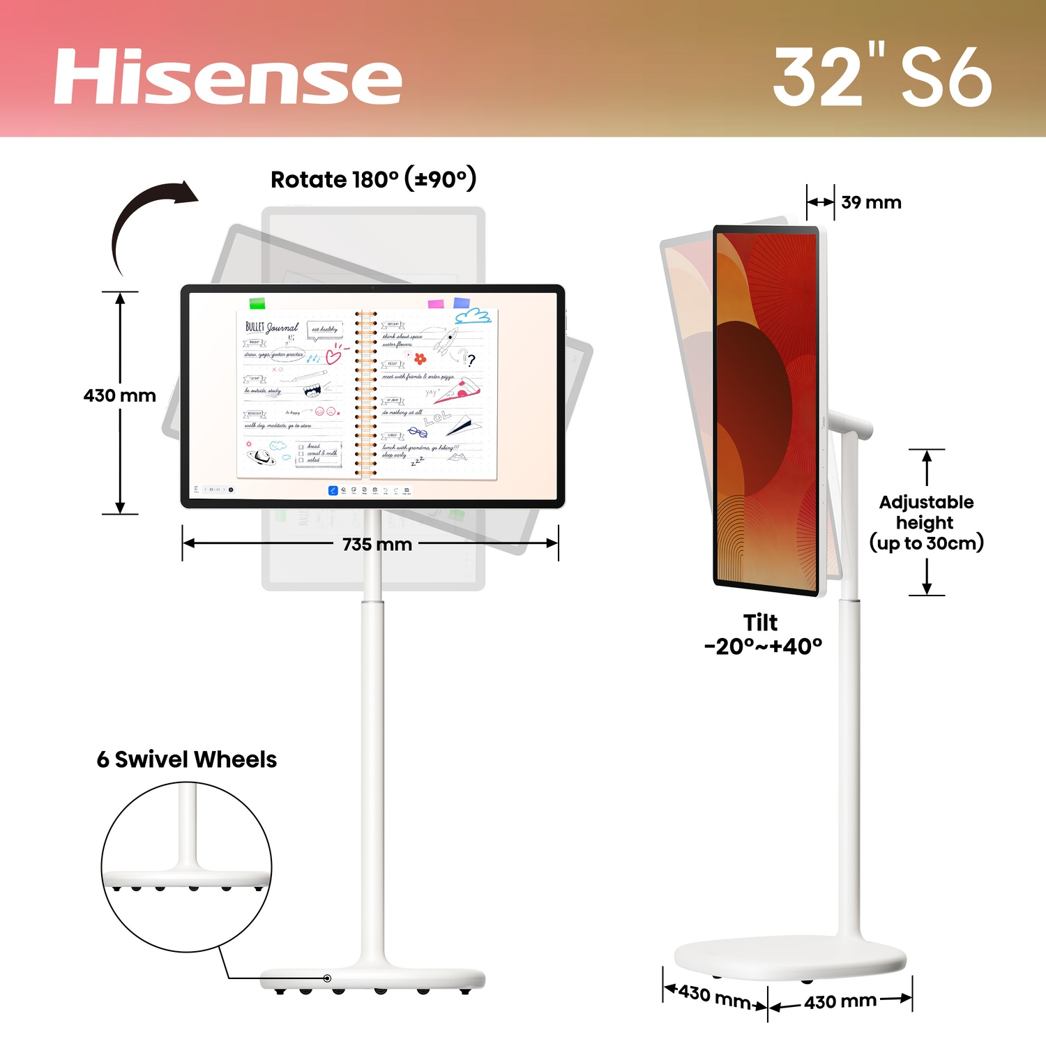 TV Hisense 32" S6 sur pied avec roulettes pivotantes, hauteur et inclinaison réglables.