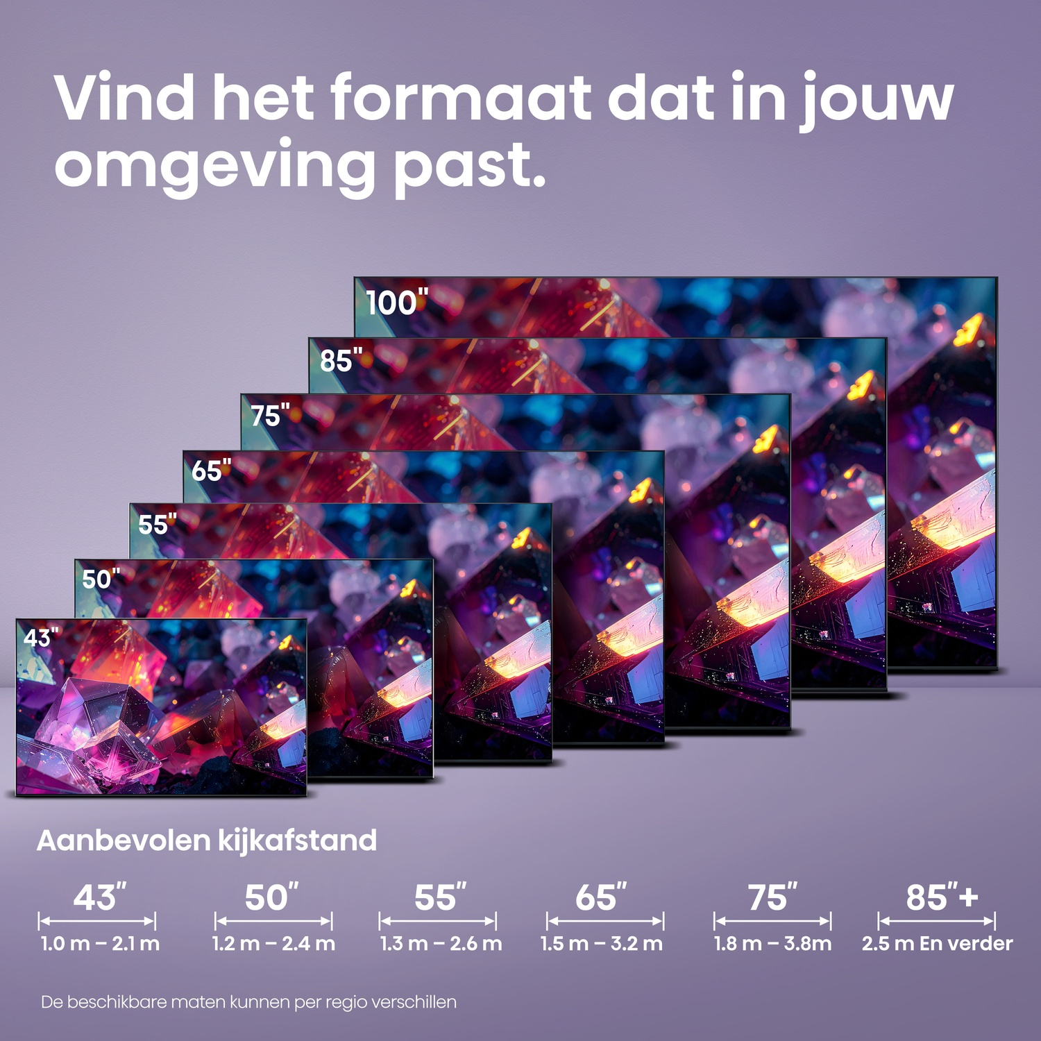 Multiple TVs in various sizes are displayed with recommended viewing distances.