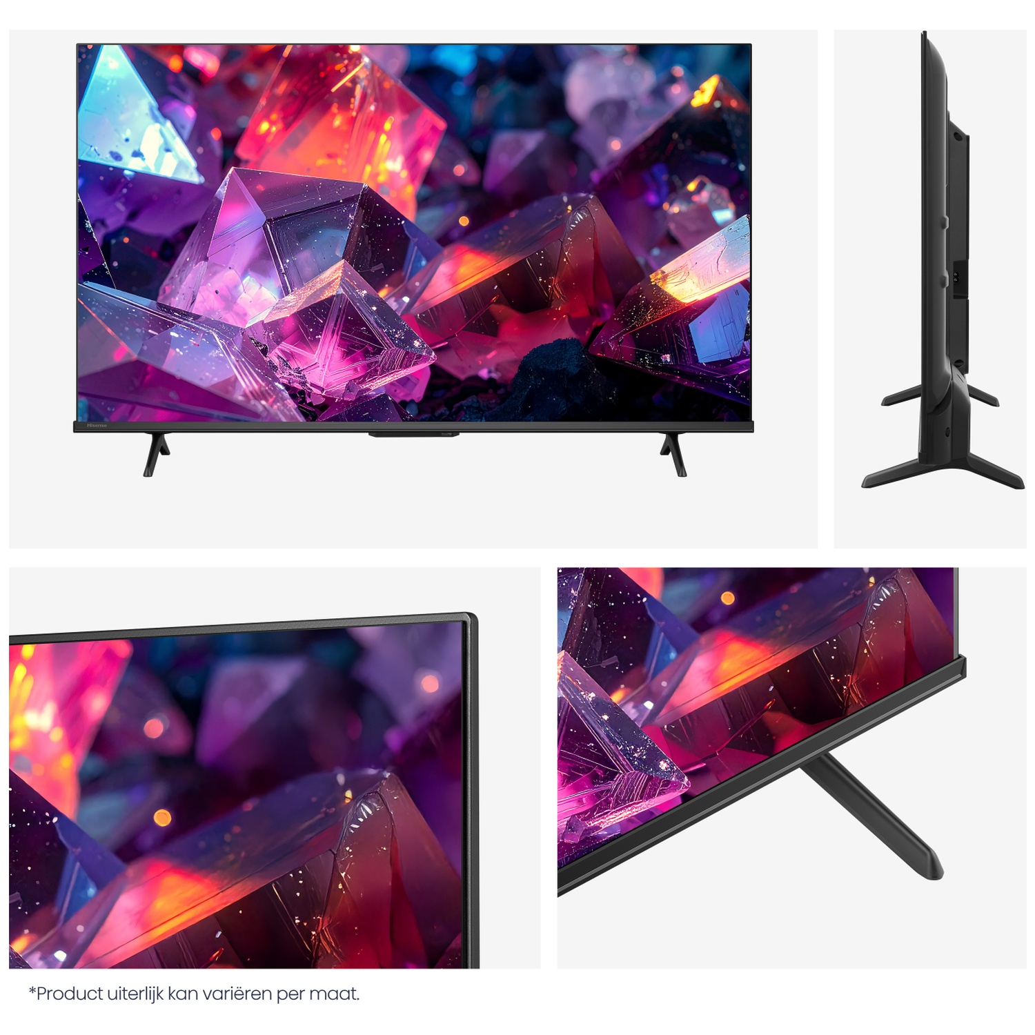 A modern black television displaying vibrant screen content with a slim stand.