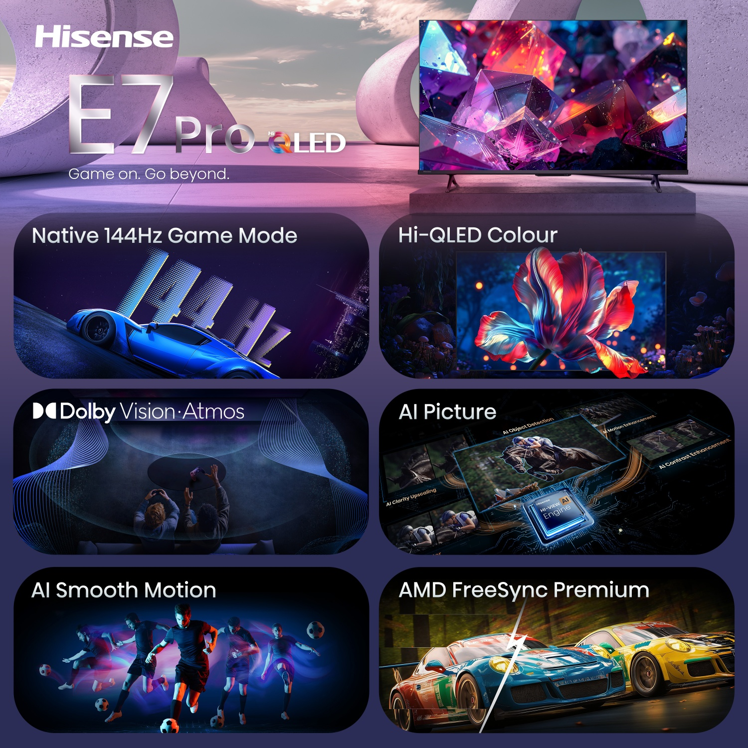 Hisense E7 ProLED TV featuring gaming, color, AI picture, motion, and AMD FreeSync.