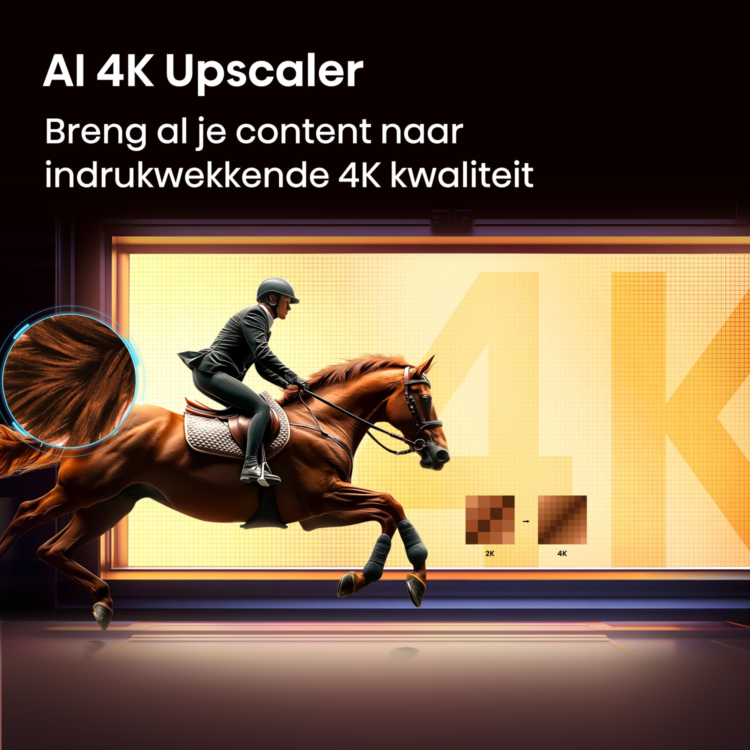 A rider on a brown horse jumps in front of a 4K screen with AI upscaler graphics.