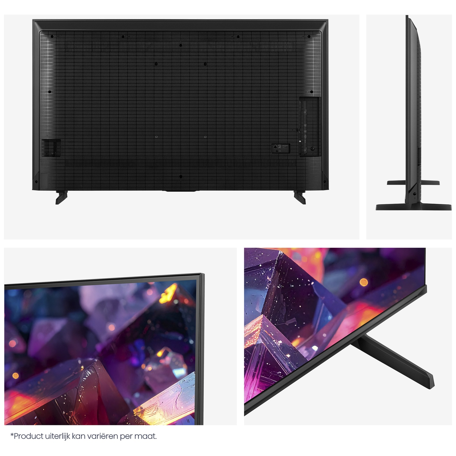 Back and side view of a black television showing ports and a stand.
