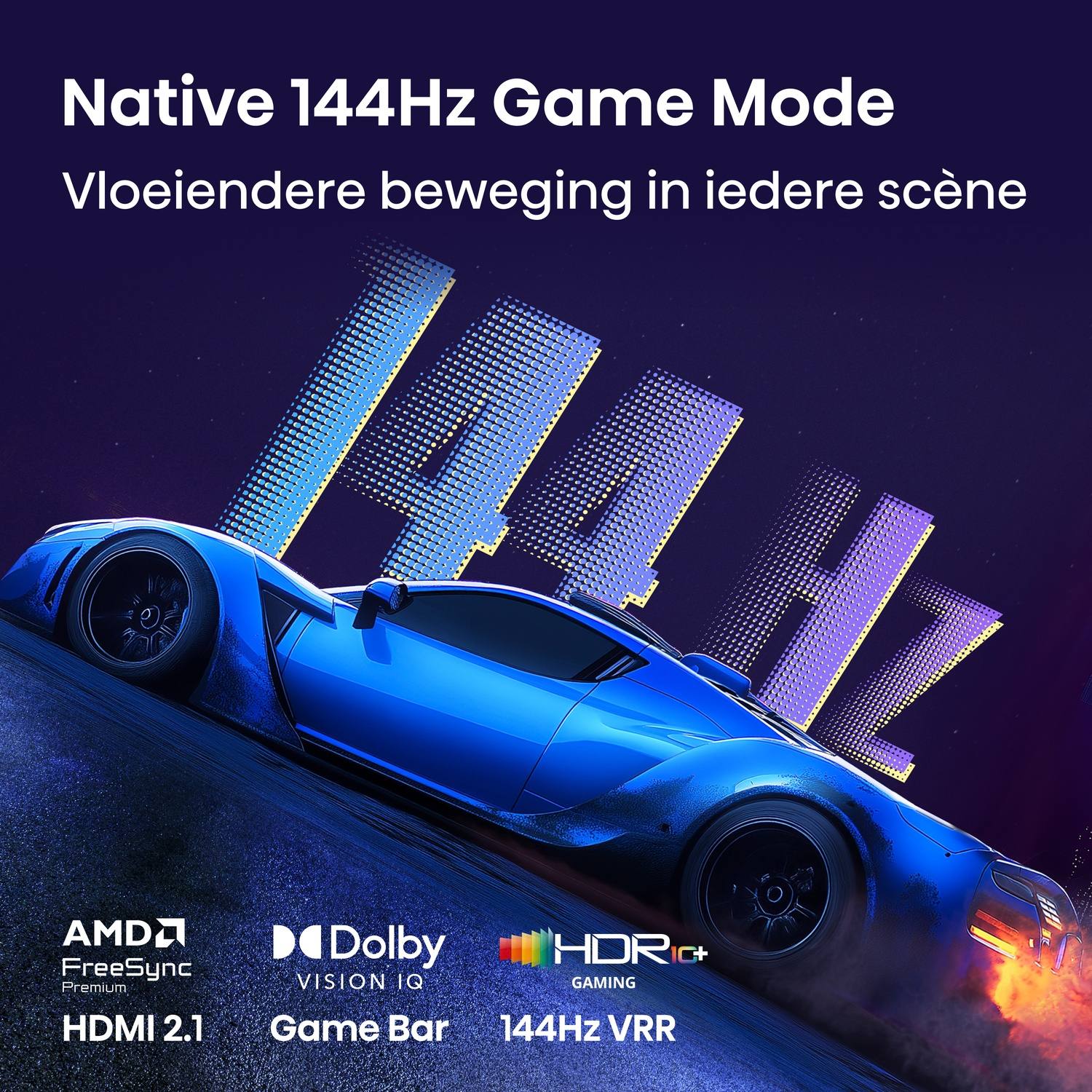 Blue sports car with '144Hz' graphics. Features AMD FreeSync, Dolby Vision IQ, HDR10+.